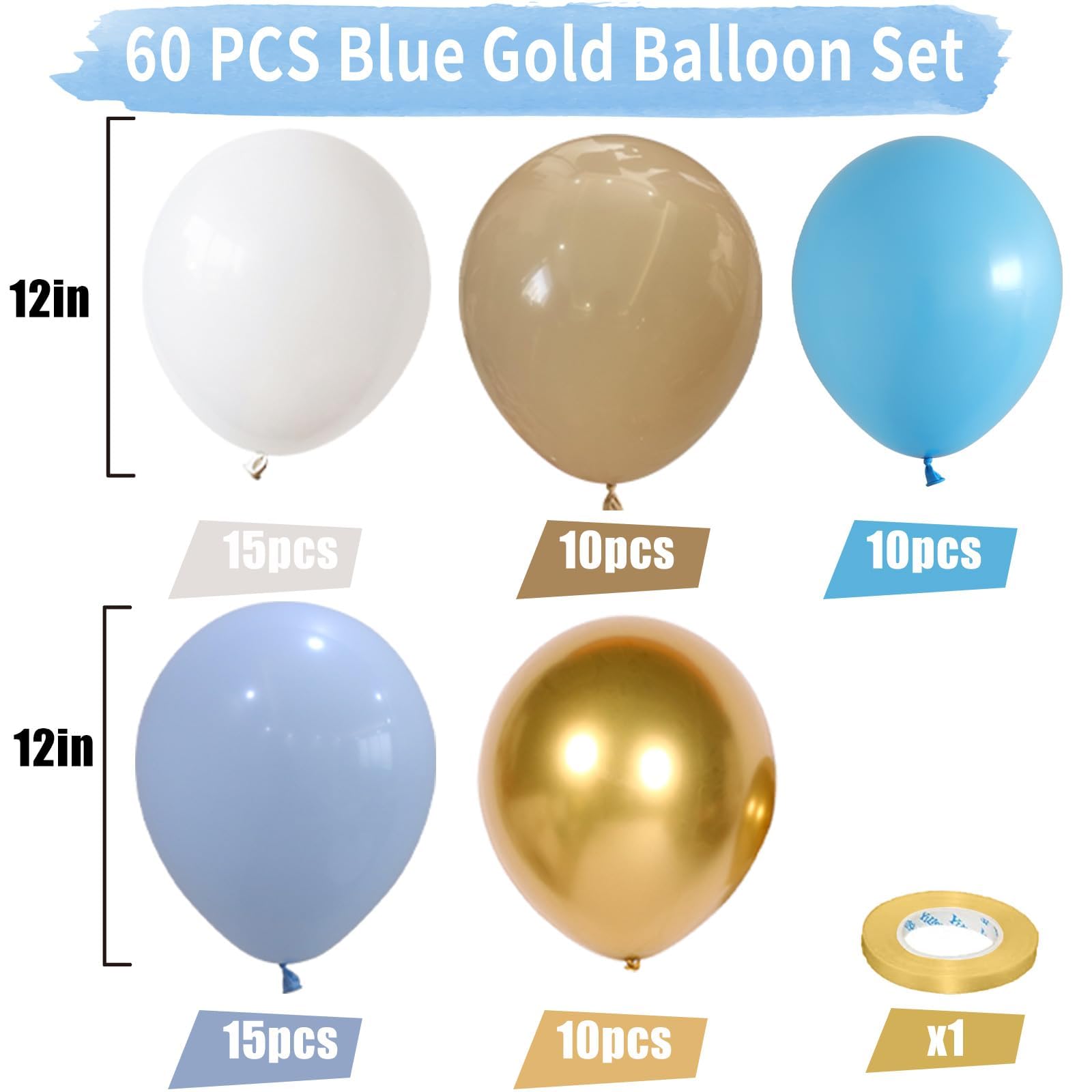 60 Pcs Light Blue, White & Gold Balloons Set - Baby Blue, Nude & Metallic Gold Balloons for Teddy Bear Theme Birthday Party Decor | Perfect for Kids' Parties, Baby Showers & Gender Reveals