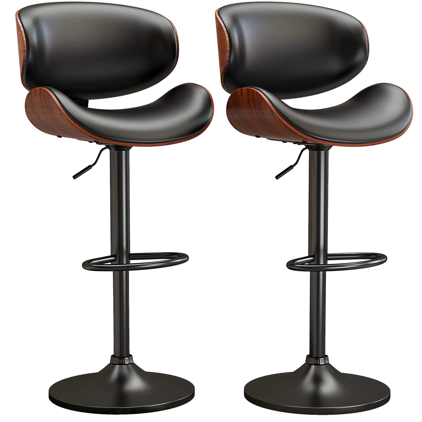 2 Pack Adjustable Swivel Bar Stools with Backrest & Footrest - Modern PU Leather Upholstered Bentwood Bar Chairs for Kitchen Counter, Dining Room & Home Bar - Perfect for Entertaining, Breakfast Nooks & Kitchen Islands (Black)