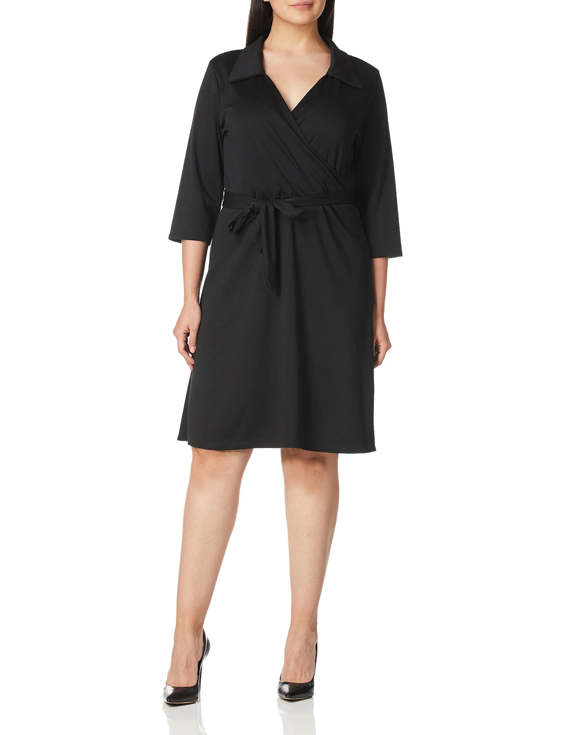 Star Vixen Women's 3/4 Sleeve Faux Wrap Collar Dress - Elegant Office & Party Wear for Women | Perfect for Work, Cocktail Events & Special Occasions