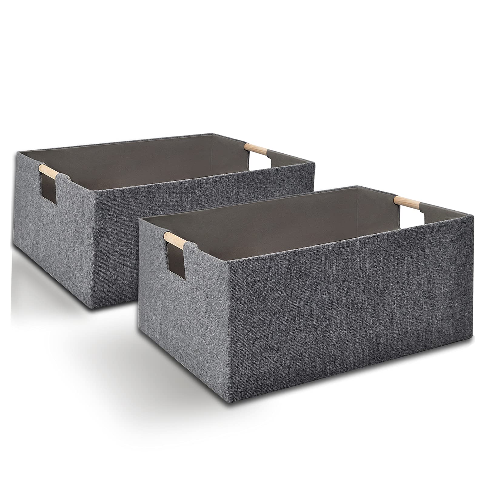Collapsible Fabric Storage Baskets with Wooden Handles - 2 Pack Gray Organizing Bins for Shelves, Closet, Nursery & Home Organization | Space-Saving Storage Solution