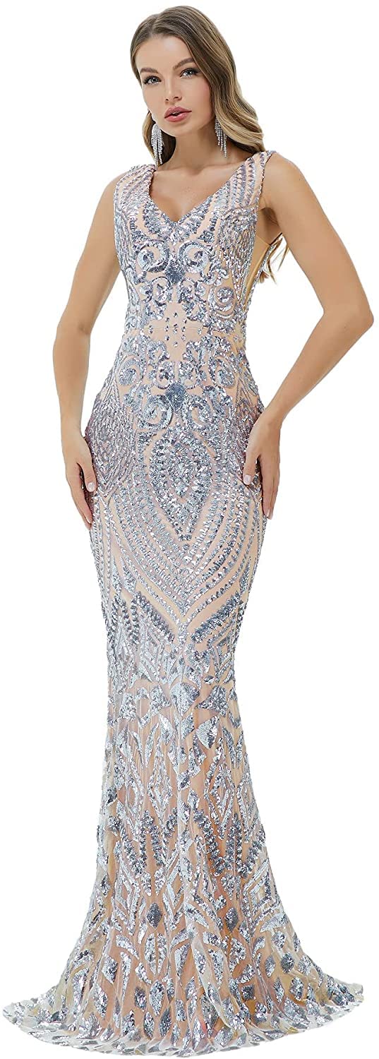FCOMES Women's Sparkling Sequin Mermaid Evening Dress for Prom, Party, Formal Events - Elegant Short Sleeve Gown for Special Occasions & Night Out