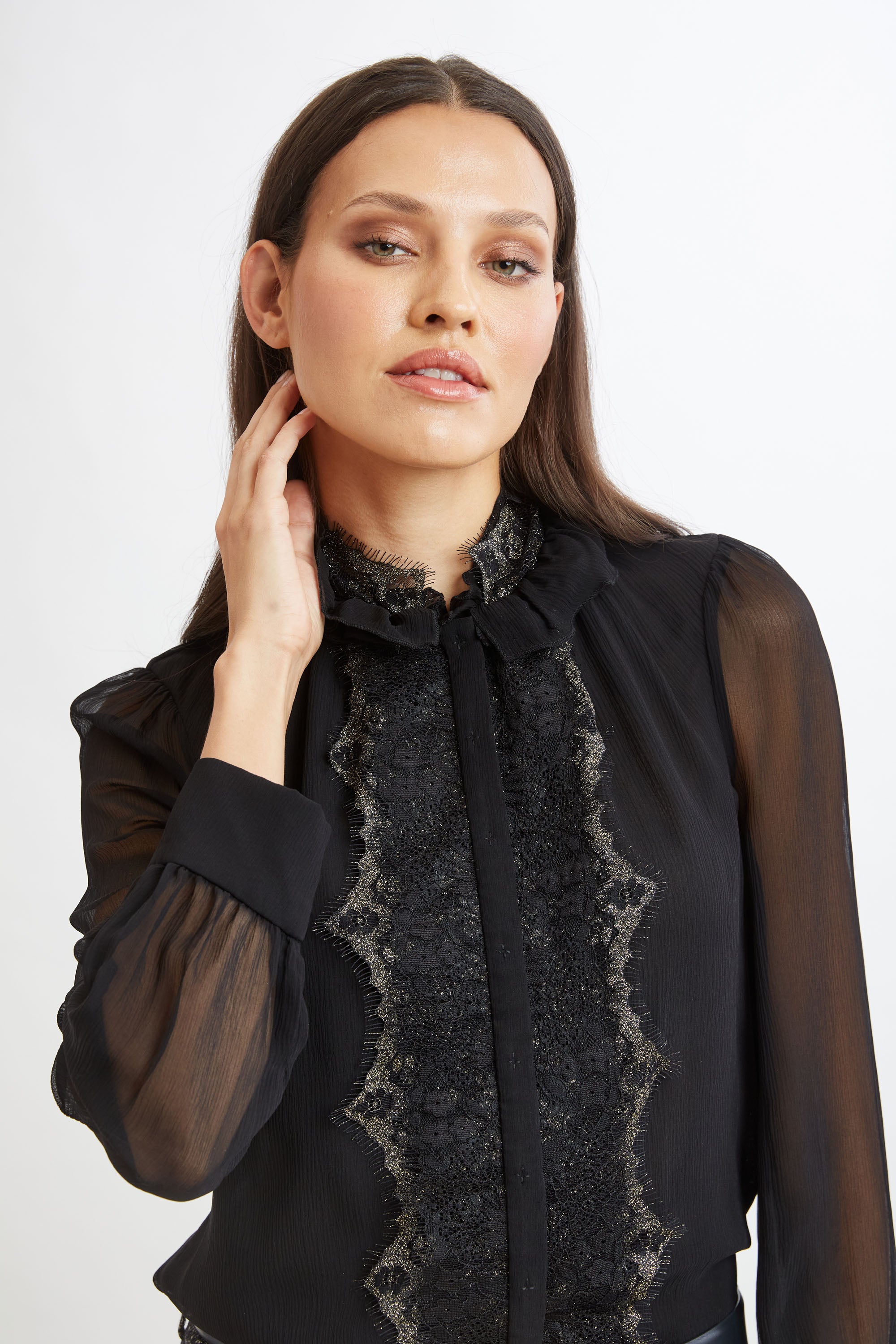 Elegant Metallic Lace Trim Silk Blouse for Women - Perfect for Office Wear, Evening Parties & Special Occasions
