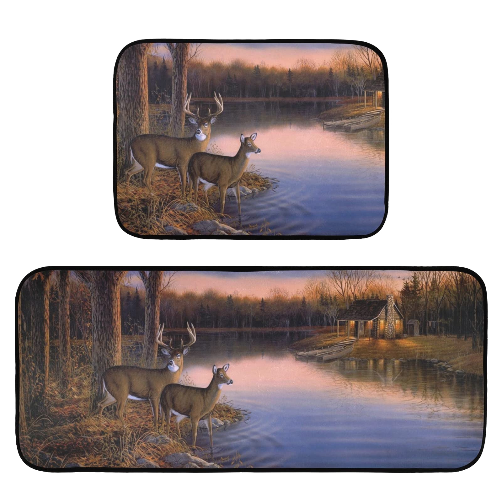 CaTaKu Non-Slip Kitchen Rugs Set of 2 - Autumn Deer Sunset Design Washable Polyester Floor Mats for Kitchen, Laundry, Sink & Office - Comfort Standing Mats with Anti-Fatigue Support for Cooking, Dishwashing & Home Decor