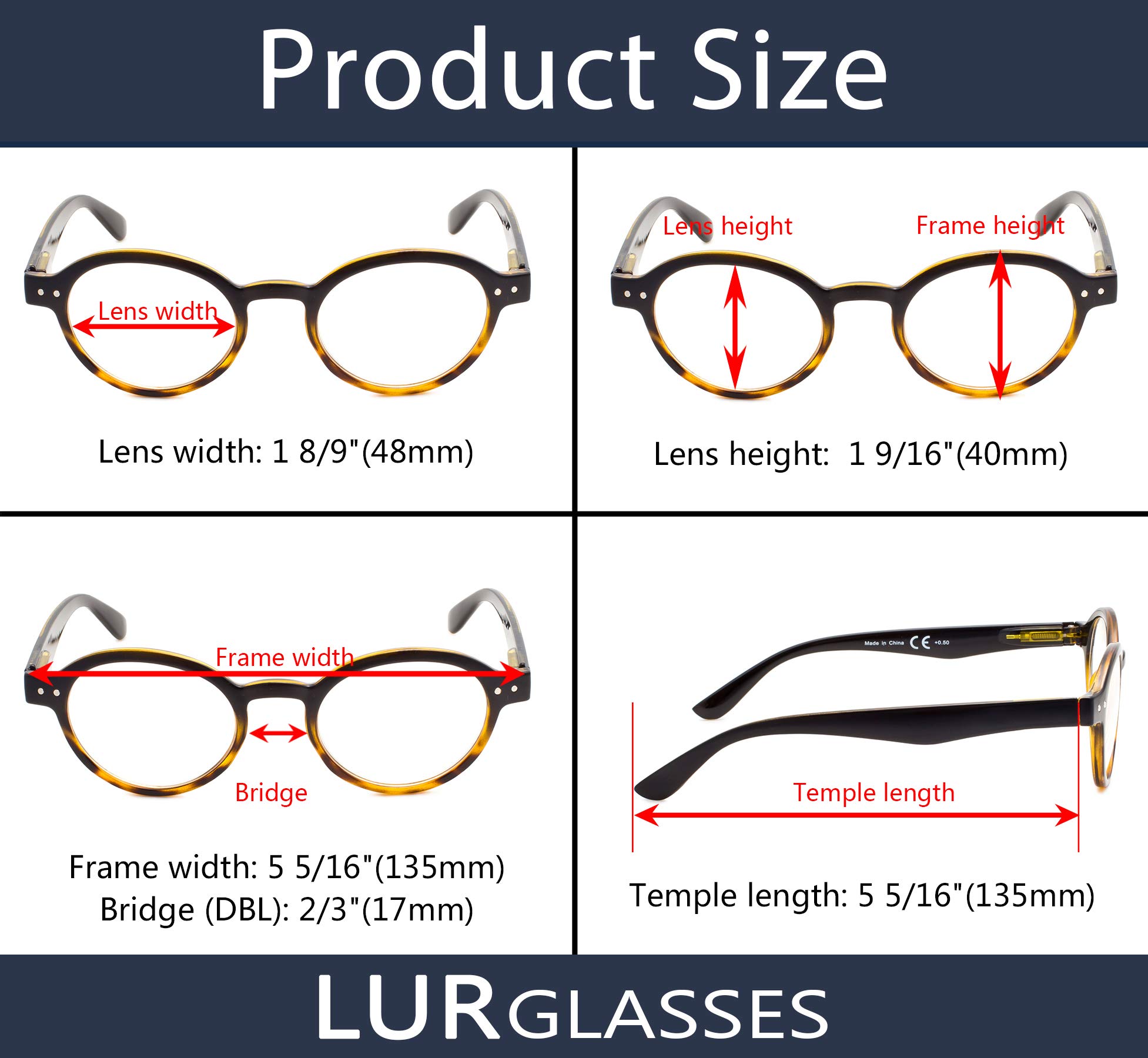 LUR Reading Glasses 5 Pack - Round Retro Readers for Women & Men - Fashionable & Lightweight Eyewear for Reading, Working, and Daily Use