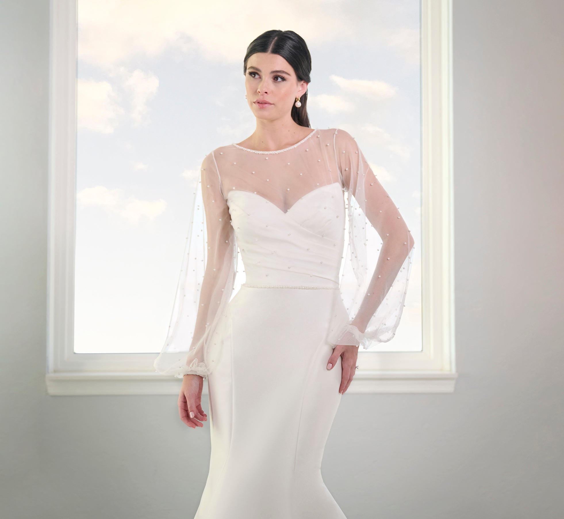 Ivory Stretch Mikado Gown with Studded Pearl Jacket - Elegant Wedding Dress for Brides, Evening Gowns & Special Occasions