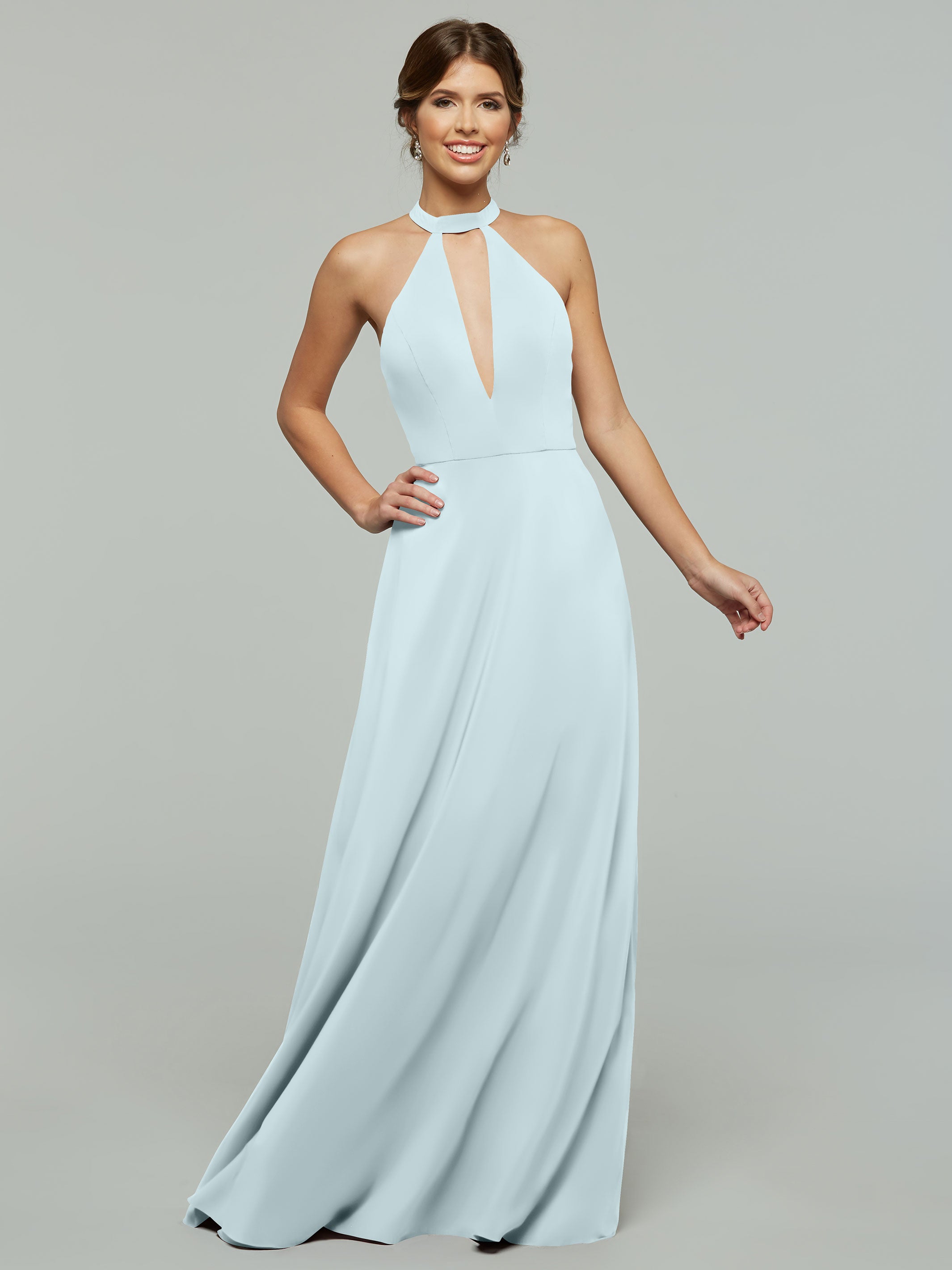 Elegant 80115 Stretch Chiffon A-Line Bridesmaid Dress with Plunging Halter Neckline - Perfect for Weddings, Formal Events & Evening Parties