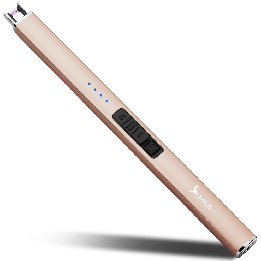 SUPRUS USB Rechargeable Electric Lighter - Windproof Flameless for Candles BBQ Camping (Champagne Gold)