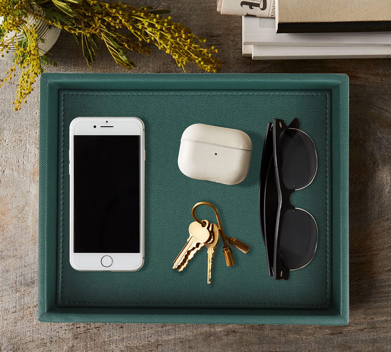 HofferRuffer Faux Leather Decorative Tray - Elegant Desktop Storage Organizer & Vanity Catchall Tray for Perfume, Jewelry, Keys | 10.2 x 8.4 x 1.8 Inches Dark Green | Perfect for Nightstand, Dresser, Office Desk & Bathroom Counter Organization