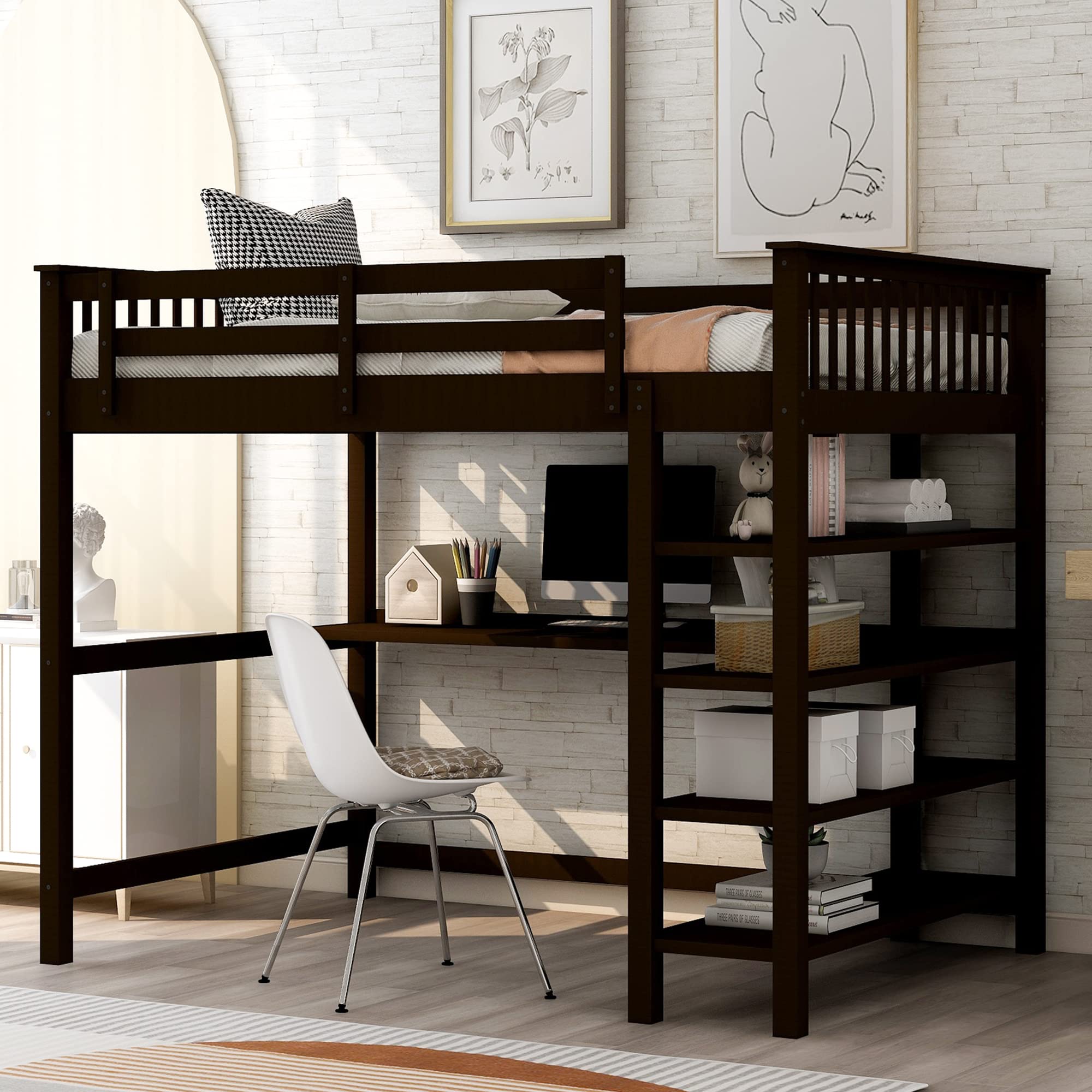 Harper & Bright Designs Full Size Loft Bed with Desk - Wooden Study Loft Bed with Built-in Storage Shelves for Teens & Adults - No Box Spring Needed - Espresso Finish - Perfect for Small Bedrooms, Dorm Rooms & Home Offices
