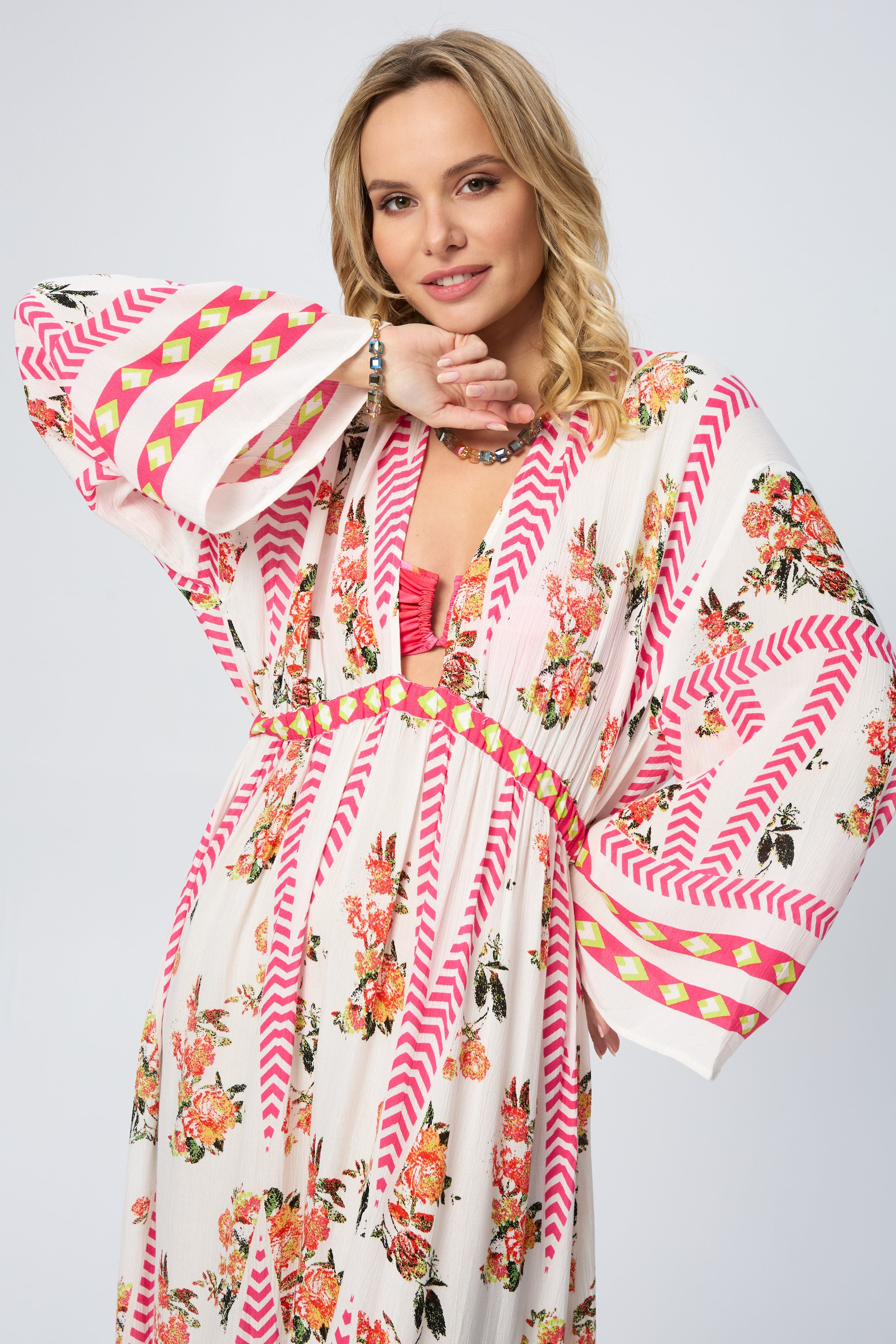 Aztec Floral Keyhole Kaftan Dress - Boho Chic Maxi Dress for Women - Perfect for Beach, Vacation & Summer Outfits