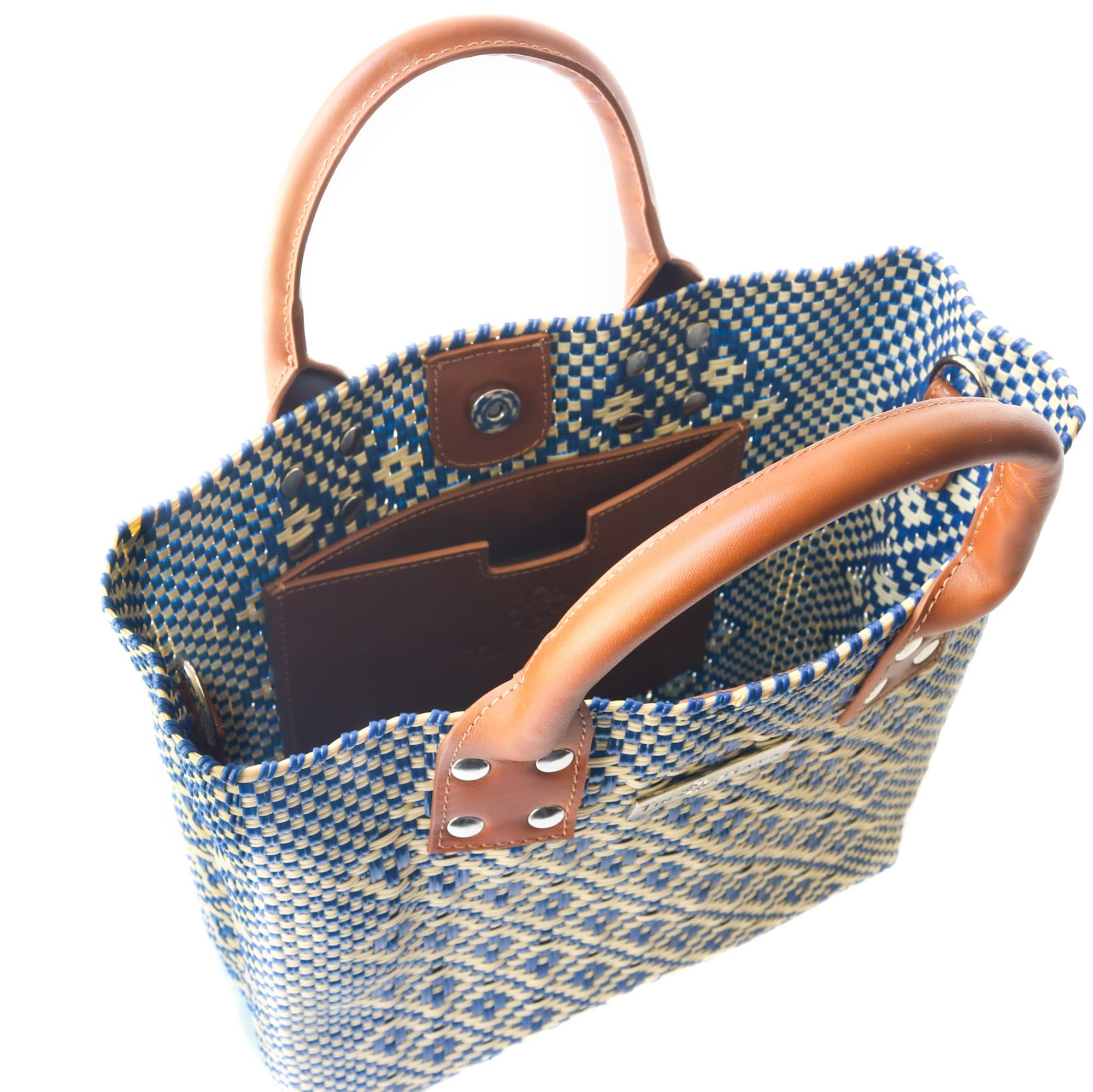 Stylish Large Woven Crossbody Bag with Tan Leather Handles - Eco-Friendly Recycled Plastic Handwoven Purse from Oaxaca Mexico - Perfect Summer Tote, Work Bag & Everyday Purse for Women - Ideal for Office, Travel & Casual Outings