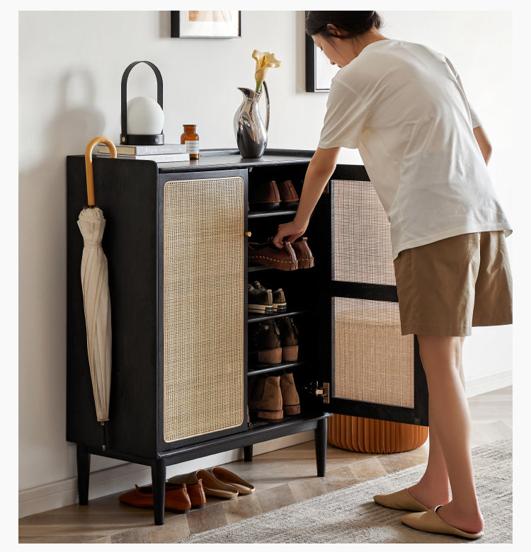 Oak Solid Wood Rattan Shoe Cabinet with Smoky Finish - Stylish Entryway Storage Organizer for Hallway, Living Room & Bedroom