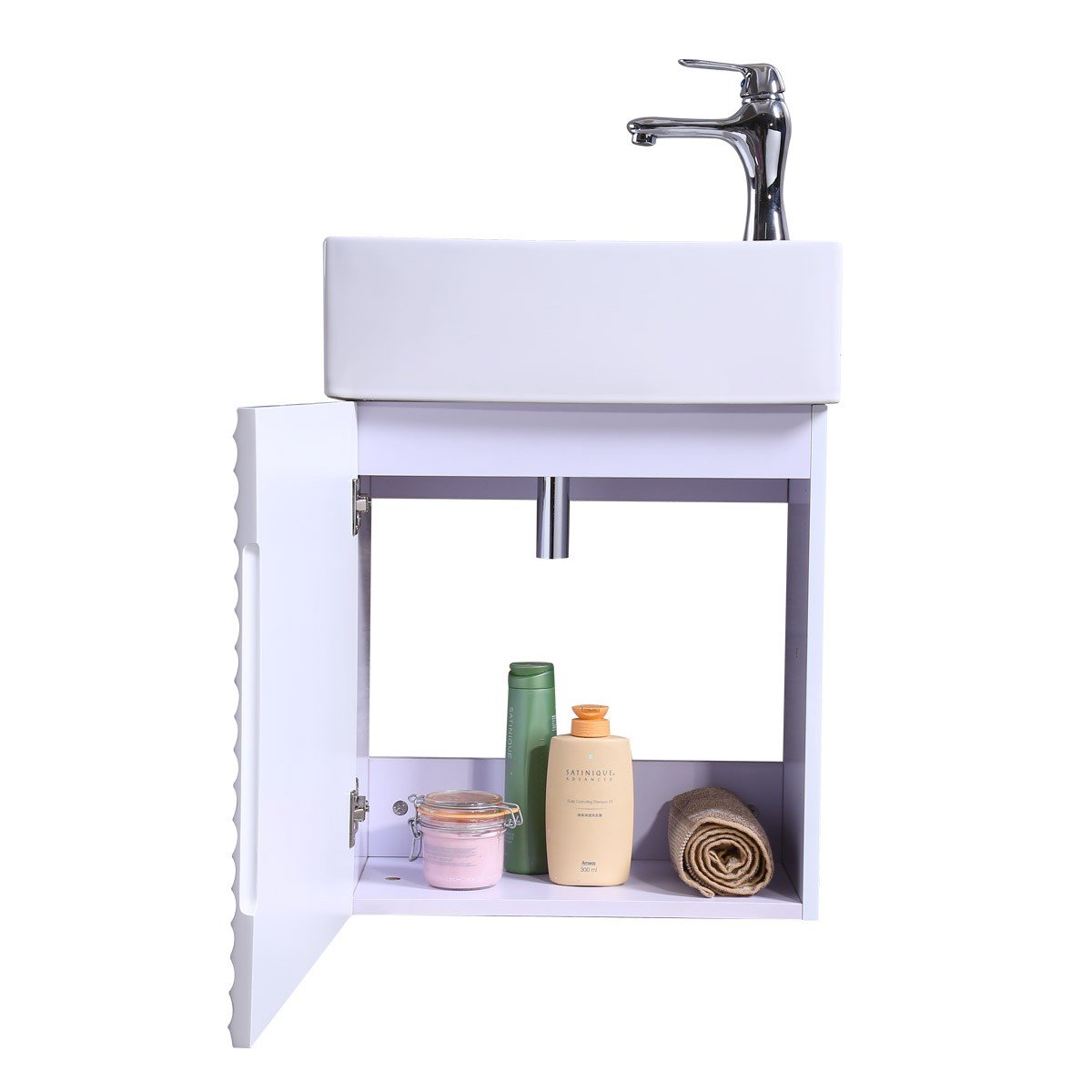 Renovators Supply Ripple Wall Mount Vanity Bathroom Sink Combo - Heavy Duty Porcelain White Vanity Cabinet with Sink, Chrome Faucet, Pop-Up Drain & Overflow - Perfect for Small Bathrooms, Powder Rooms & Space-Saving Designs