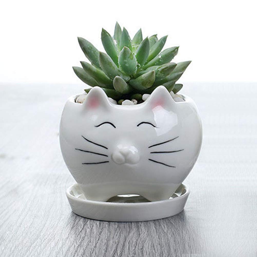 BERTERI Little Cat Cartoon Ceramic Flower Pot with Drainage Tray - Cute Succulent Planter for Indoor Plants, Home Decor & Garden Decorations - Perfect for Windowsill, Office Desk & Gift Ideas