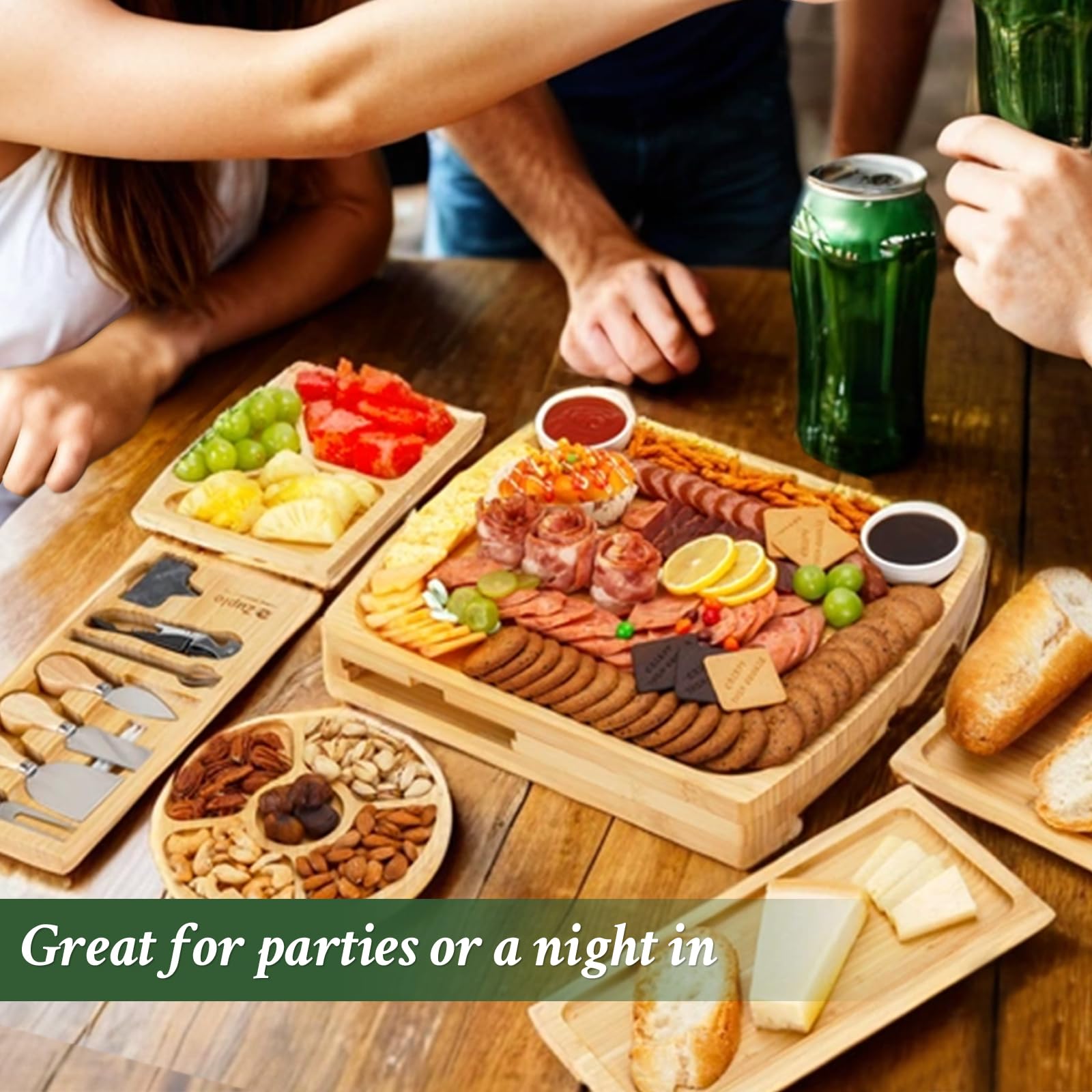 Premium Bamboo Charcuterie Board Set with Cheese Knives - Elegant Wooden Serving Tray for Entertaining, Housewarming Gifts, Weddings & Holidays (Christmas, Anniversary, Bridal Shower) - Perfect for Movie Nights, Wine Tasting & Charcuterie Parties