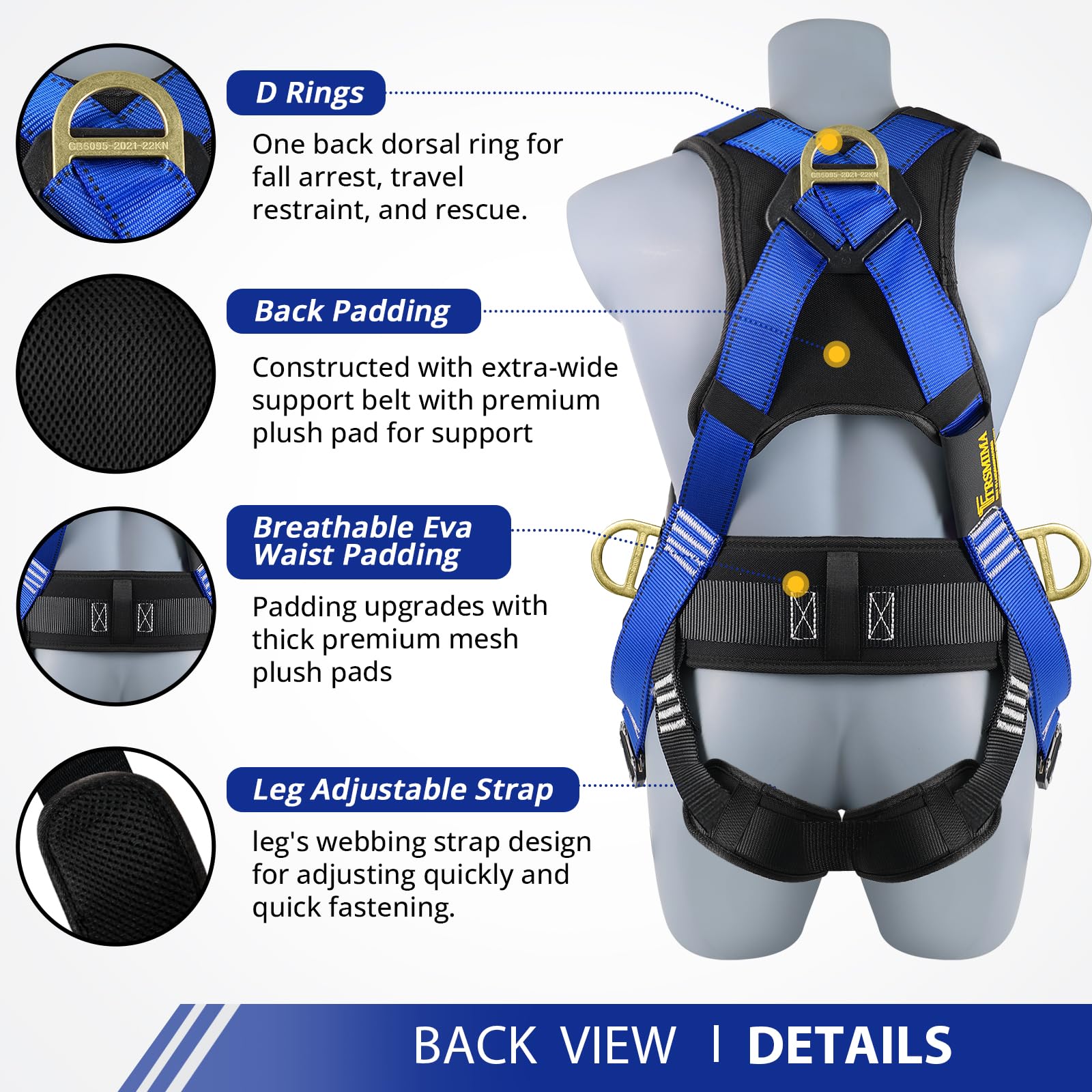 TRSMIMA Full Body Safety Harness with Lanyard - OSHA Compliant Fall Protection for Roofing & Construction Work | Heavy Duty 4 Quick Buckle System | Ideal for Roofers, Construction Workers & Industrial Use