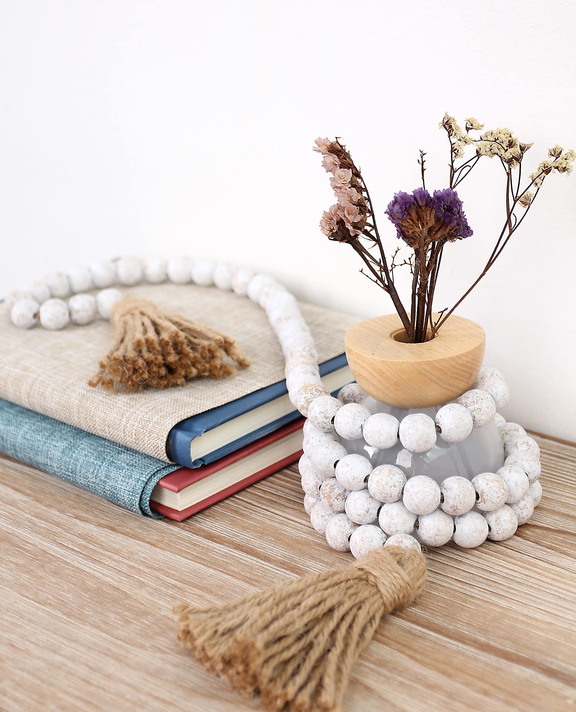 58in Whitewashed Wood Bead Garland with Tassels - Farmhouse Rustic Boho Wall Hanging Decor for Prayer Room, Bedroom, Wedding & Nursery Decoration
