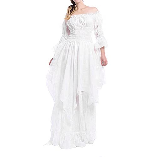 Women's High Low Medieval Cosplay Dress - Off Shoulder Puff Sleeve Ruffle Dress in White (XXXXXL) | Renaissance Fair Costume, LARP Outfit, Gothic Party Wear