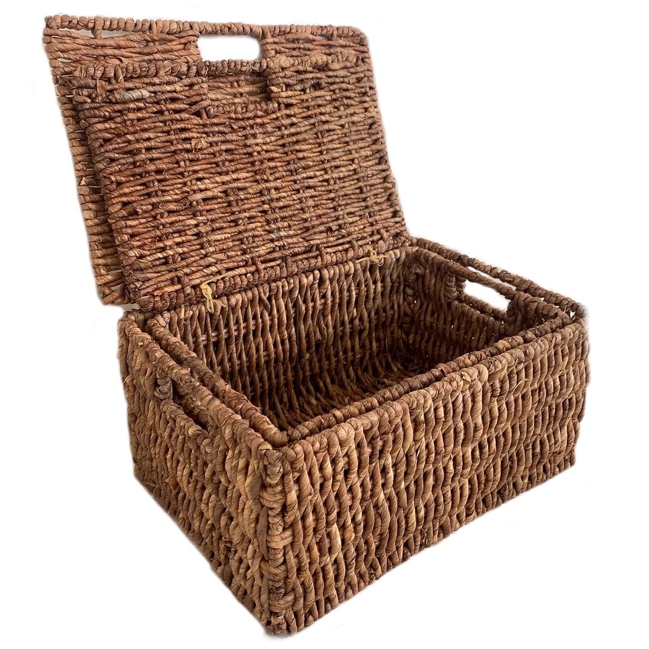 Natural Woven Grass Storage Baskets with Lids - Set of 2, Brown Rectangular Bins for Home Organization | Perfect for Living Room, Bedroom & Bathroom Storage