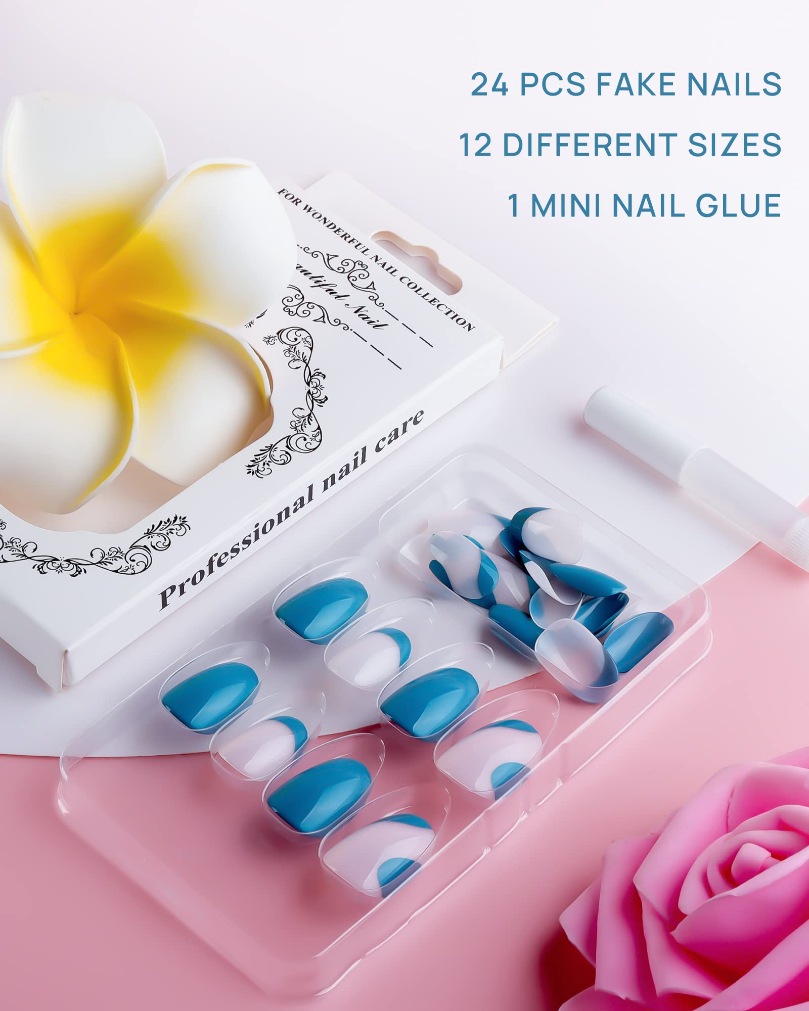 JUSTOTRY 24 Pcs Short Press on Nails - Glossy Almond Fake Nails with Elegant French Steelblue Design, Full Cover Acrylic False Nails Kit with Nail Glue for Women | Perfect for Parties, Weddings, and Everyday Nail Art