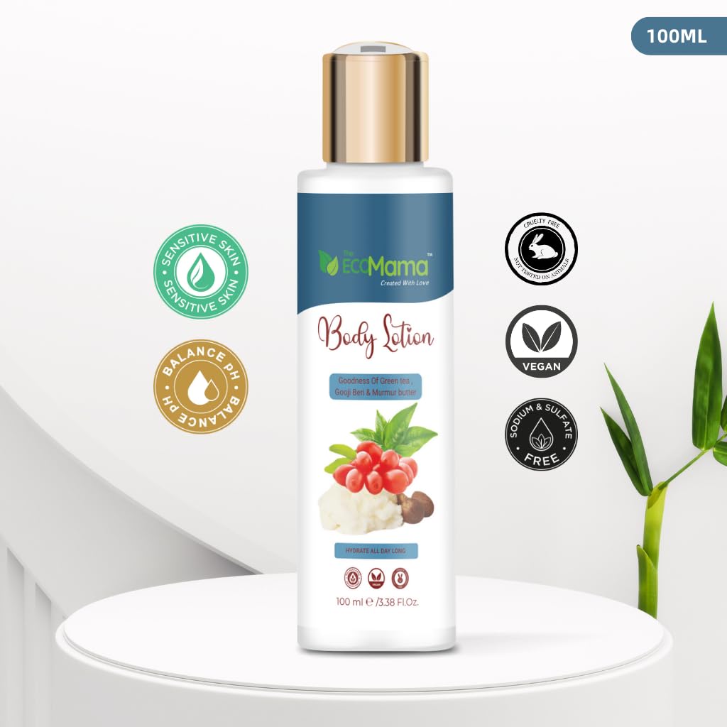 Eco Mama Organic Goji Berry & Green Tea Body Lotion with Murumuru Butter, Jojoba Oil & Glycerin - 100ml | Long-Lasting Hydration | Vegan & Cruelty-Free | Perfect for Dry Skin Care & Daily Moisturizing