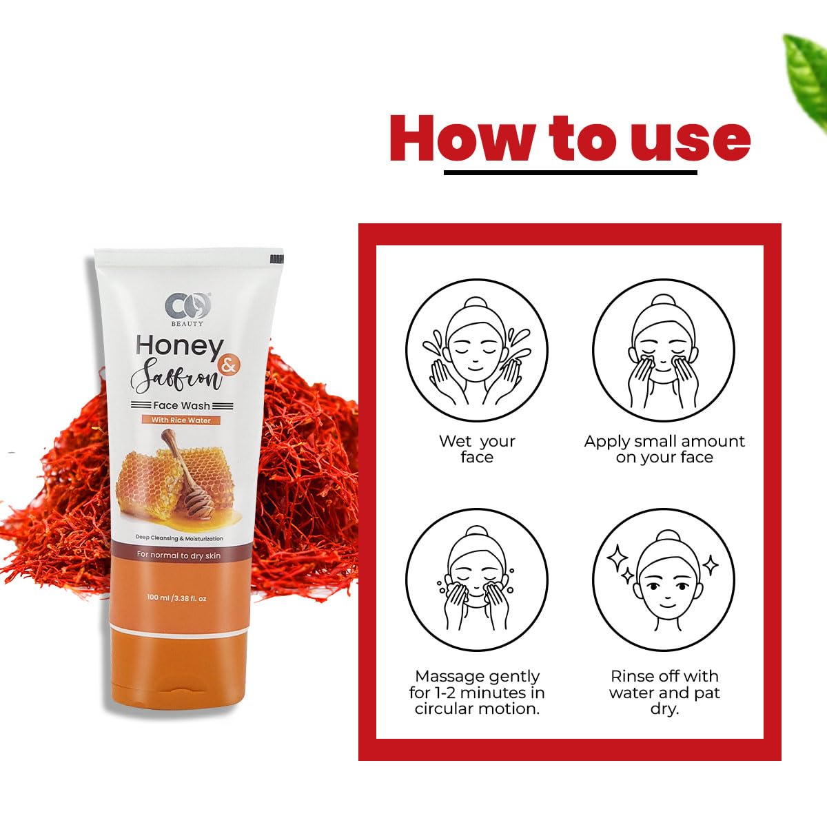 CO BEAUTY Saffron Honey Face Wash with Rice Water - Natural Daily Facial Cleanser for Glowing Skin | Brightening & Nourishing Formula with Glycerin | 200ml (Pack of 2) | Perfect for Morning & Night Skincare Routine