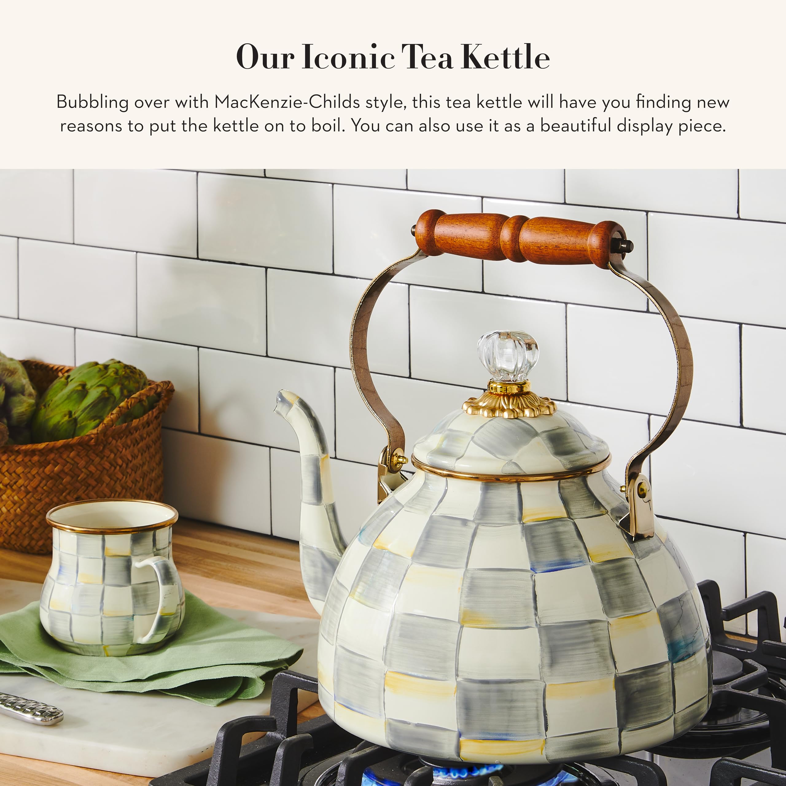 MACKENZIE-CHILDS 3 Quart Enamel Tea Kettle - Stylish Grey & White Sterling Check Stovetop Teapot - Perfect for Home Kitchen, Afternoon Tea, and Gift Giving