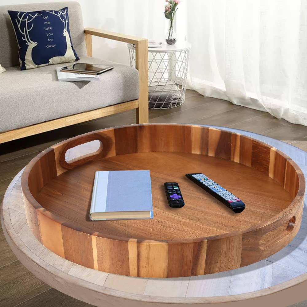 Round Wooden Serving Tray with Handles - 20