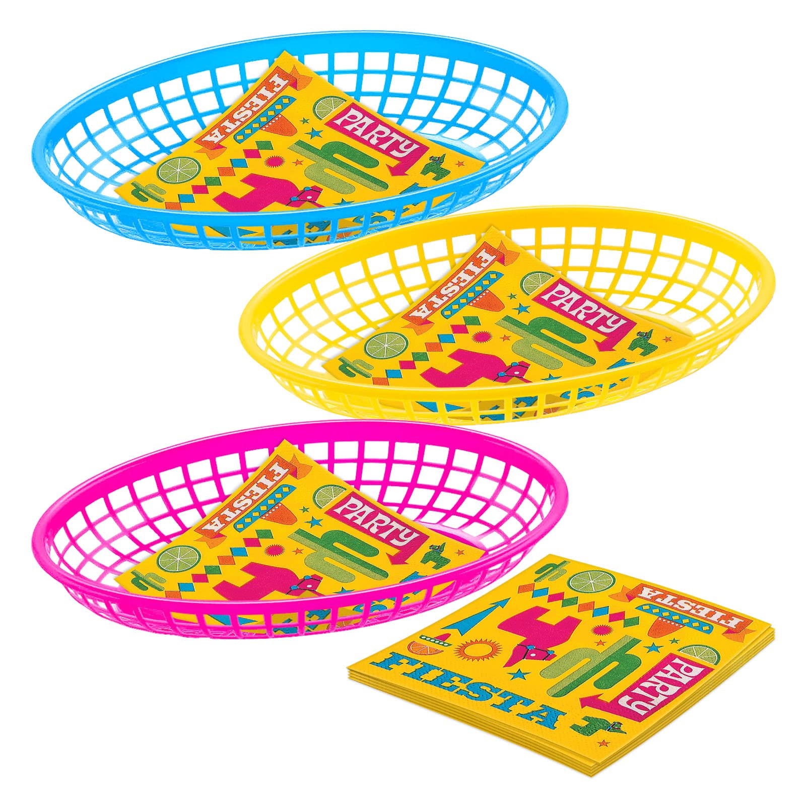 Colorful Fiesta Party Supplies - 12-Pack Plastic Food Trays & Beverage Napkins Set for Appetizers, Tacos, Chips - Perfect for Cinco de Mayo, Birthday Parties & Mexican Theme Events