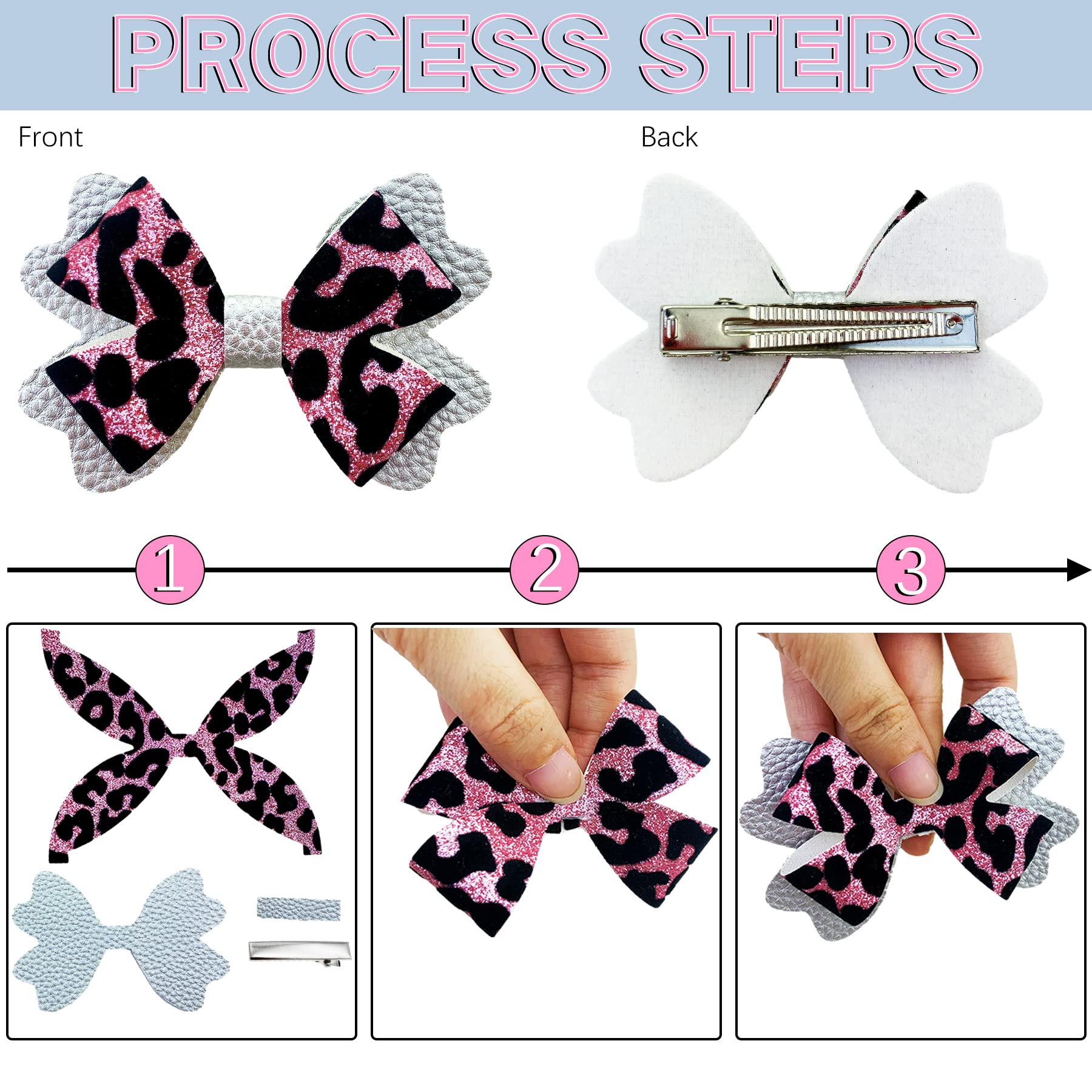 24-Piece Faux Leather Hair Bow DIY Kit with Glitter Leopard Print - Pre-Cut Pieces & Hair Clips for Girls & Women | Create Stylish Shiny Hair Accessories for Parties, Weddings & Everyday Wear
