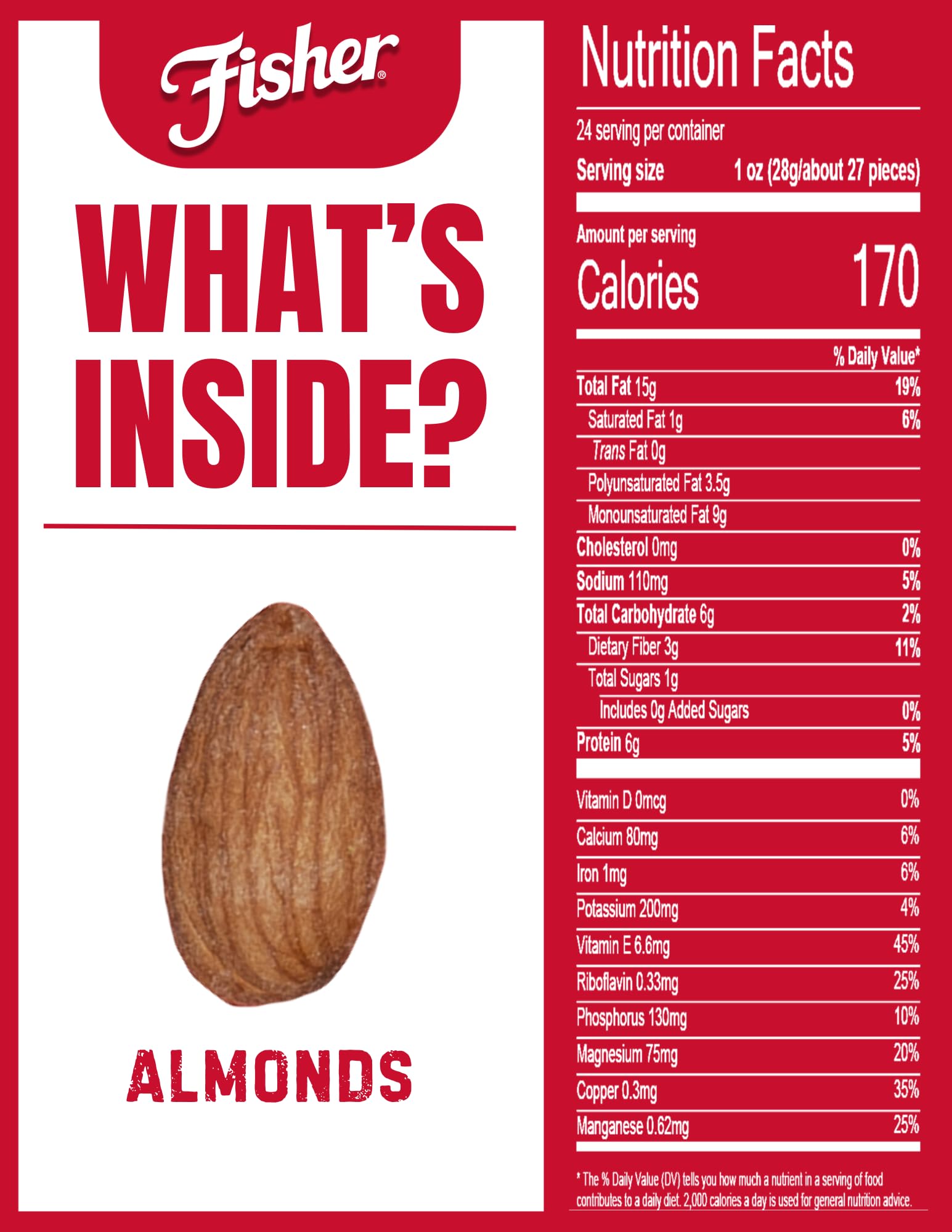 Fisher Oven Roasted Almonds, 24oz (Pack of 1) - Heart Healthy Snack with Sea Salt, No Oil, Gluten Free, Vegan Protein - Perfect for Office Snacks, Travel & Healthy Lifestyle