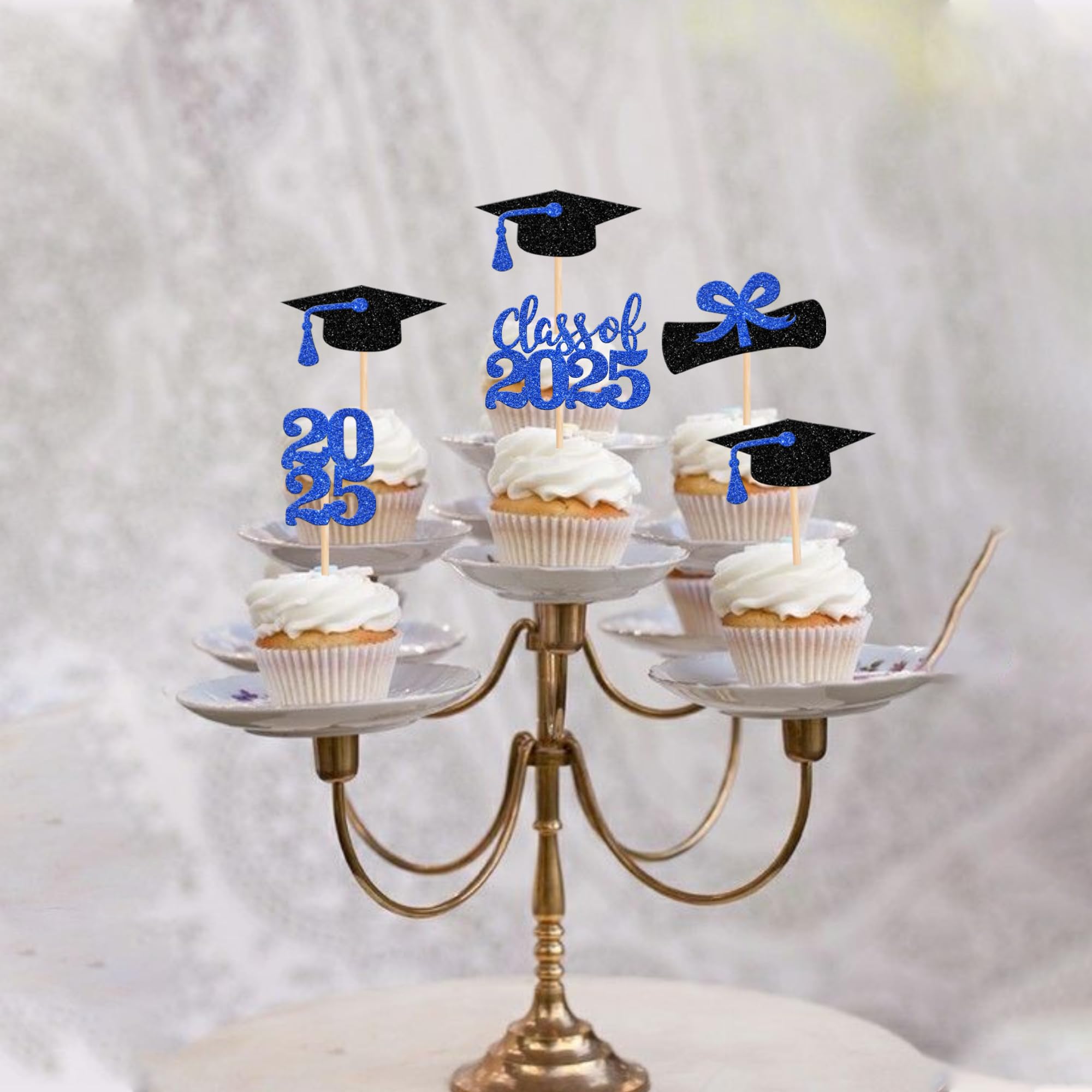 36 PCS Class of 2025 Graduation Cupcake Toppers - Glitter Graduation Cap & Diploma Cake Decorations - Deep Blue Party Supplies for Graduation Ceremony, School Party & Celebration Decor