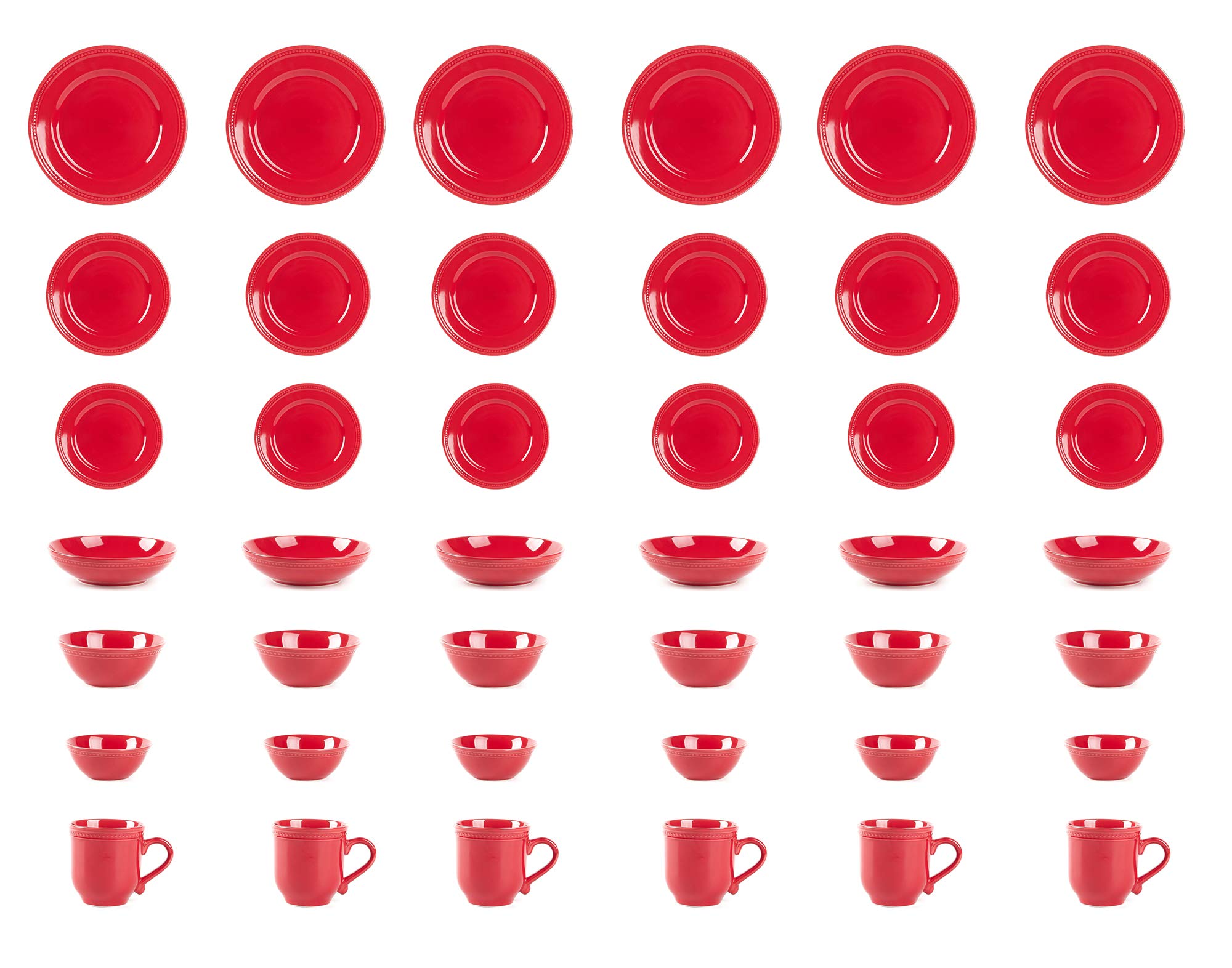 Premium Pearl Dots Stoneware Dinnerware Set - 42 Piece Service for 8, Vibrant Red - Elegant Tableware for Holiday Dinners, Wedding Registry & Upscale Entertaining