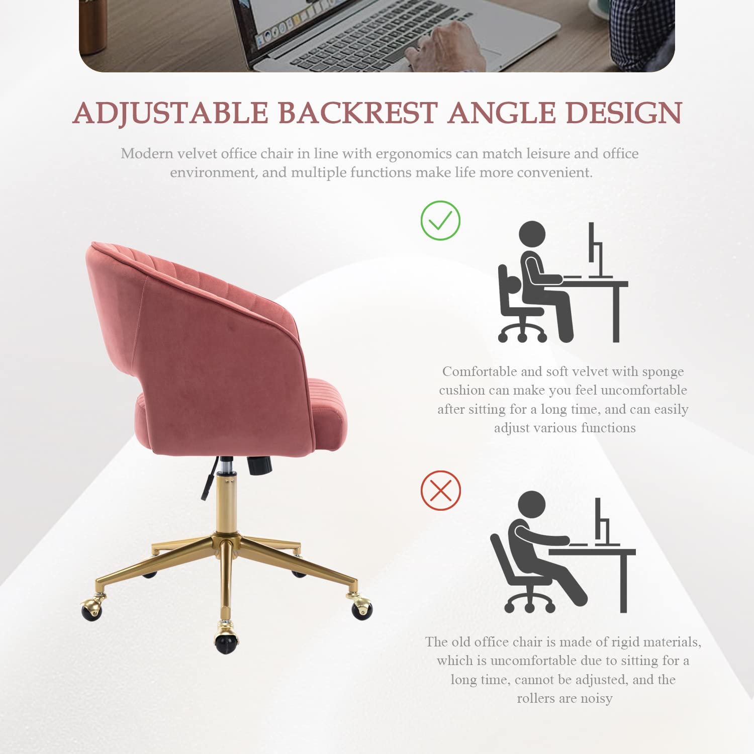 Velvet Office Desk Chair - Modern Adjustable Ergonomic Home Office Chair with Wheels & Swivel Base, Comfortable Vanity Chair for Bedroom, Study, or Workspace (Bean Paste Red) - Perfect for Home Offices, Gaming Setups & Makeup Vanities