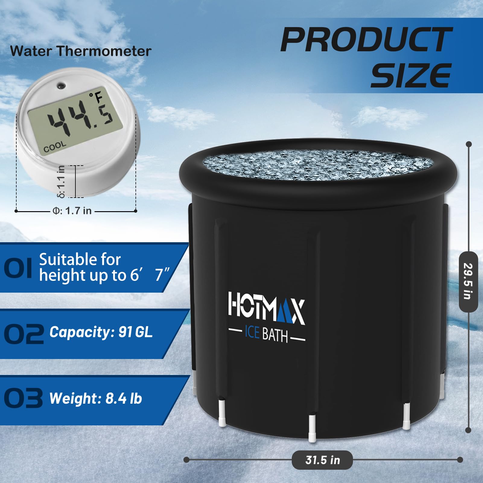 Ice Bath Tub with Water Thermometer - 8-Leg Recovery Cold Plunge Tub, 5-Layer Insulated Cold Water Therapy for Athletes - Portable Ice Bath for Muscle Recovery, Post-Workout & Sports Injury Relief (Home Gym & Outdoor Use)
