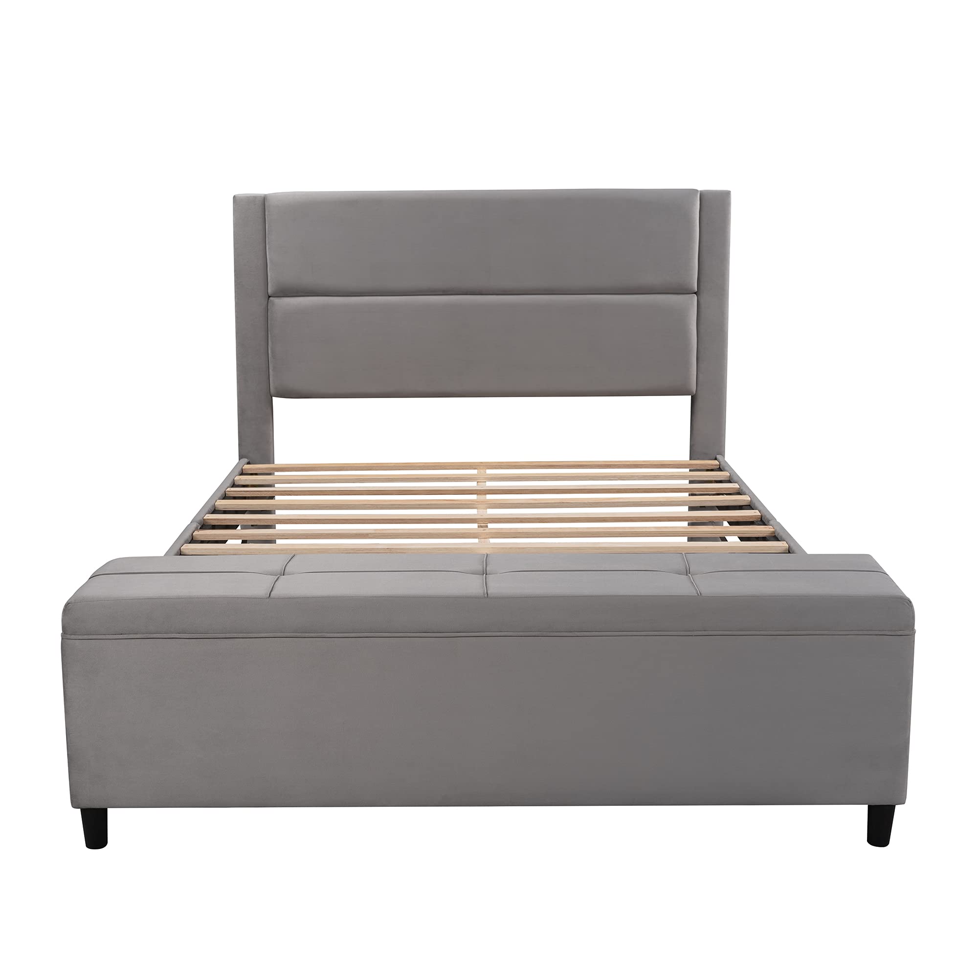 Upholstered Queen Size Storage Bed Frame with Headboard & Ottoman - No Box Spring Needed, Easy Assembly (Light Gray) - Perfect for Small Bedrooms, Guest Rooms & Space-Saving Solutions