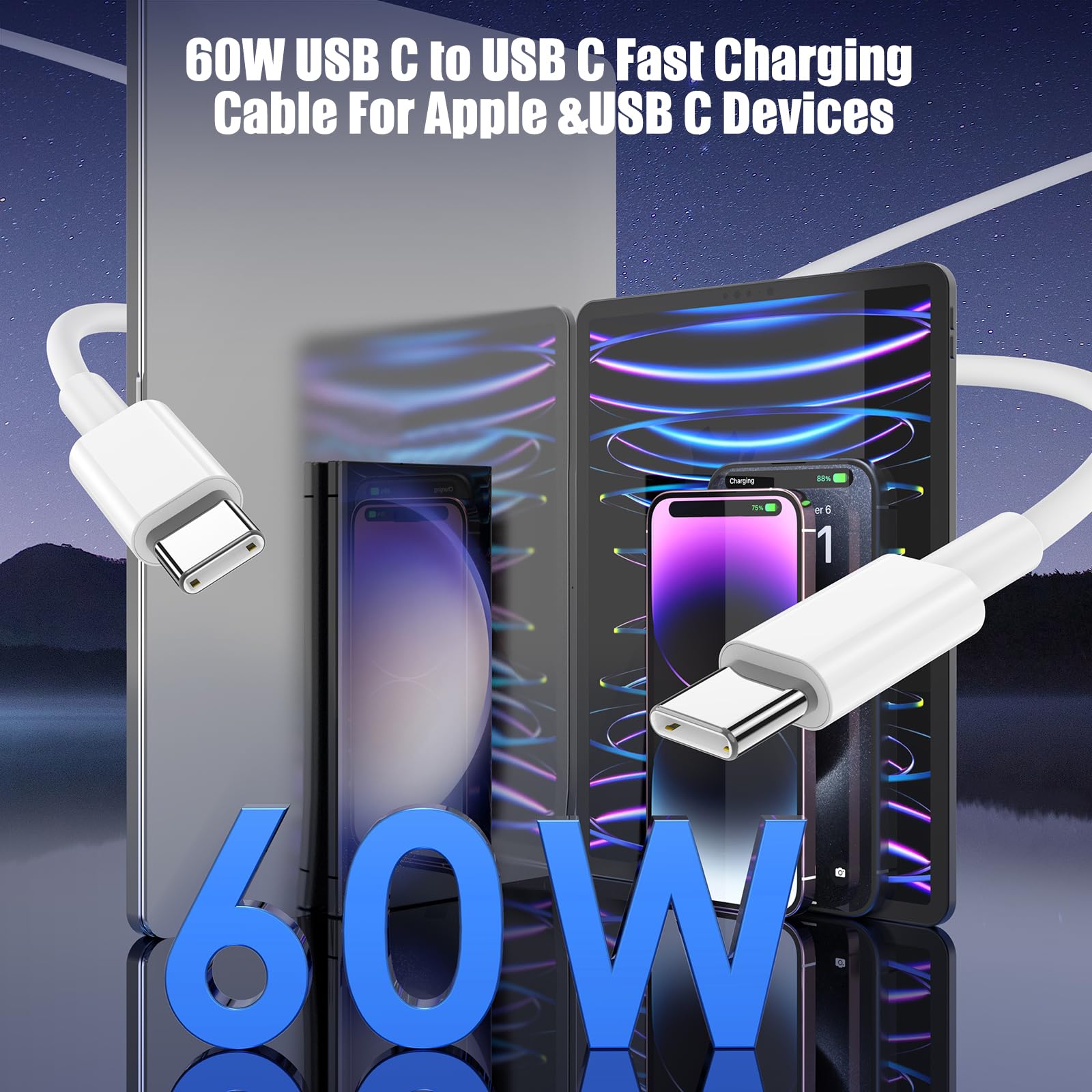 3-Pack 60W USB C to USB C Fast Charging Cable (3.3FT) - Compatible with iPhone 16/15 Pro/Max, Galaxy S24/S23, iPad Pro/Air & MacBook Pro/Air - Perfect for Home, Office & Travel Charging Needs