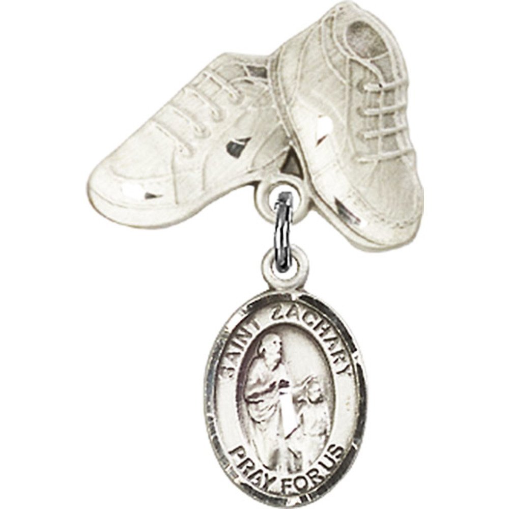 Sterling Silver Baby Badge with St. Zachary Charm and Baby Boots Pin - 1 X 5/8 Inches - Perfect for Christening Gifts, Baby Showers, and Baptism Keepsakes