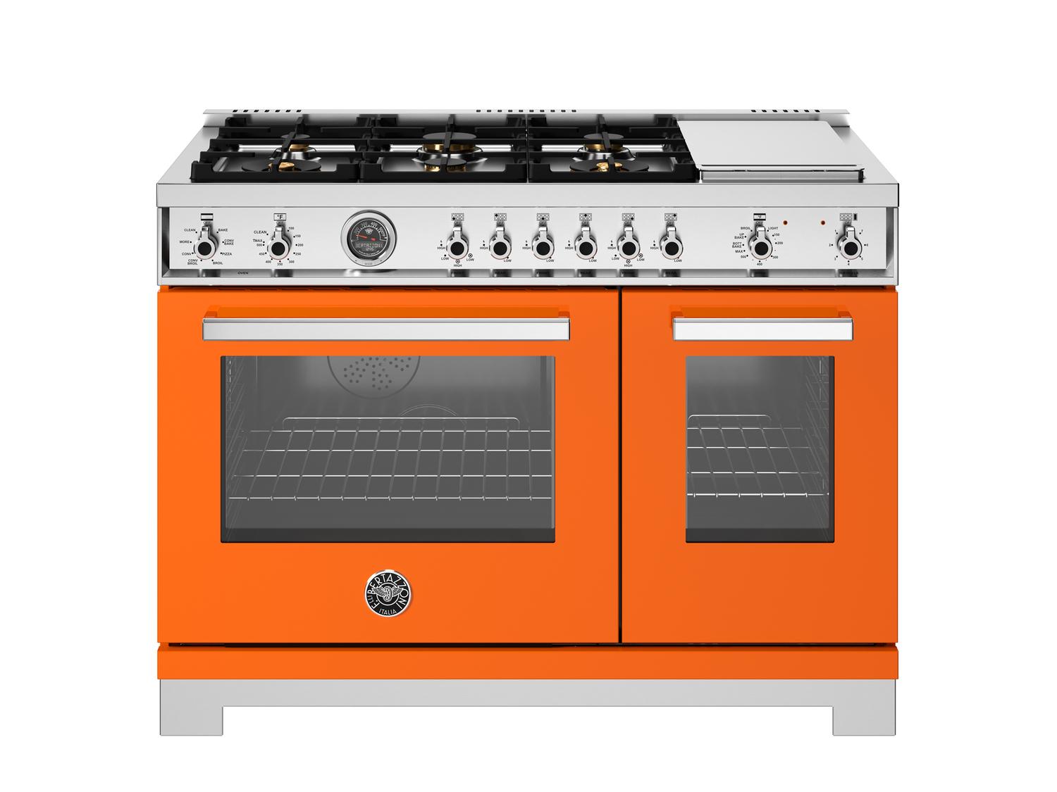 Bertazzoni PRO486BTFEPART 48 Inch Professional Dual Fuel Range with 6 Brass Burners & Griddle, Electric Self-Cleaning Oven in Arancio Orange - Perfect for Gourmet Cooking & Large Family Kitchens