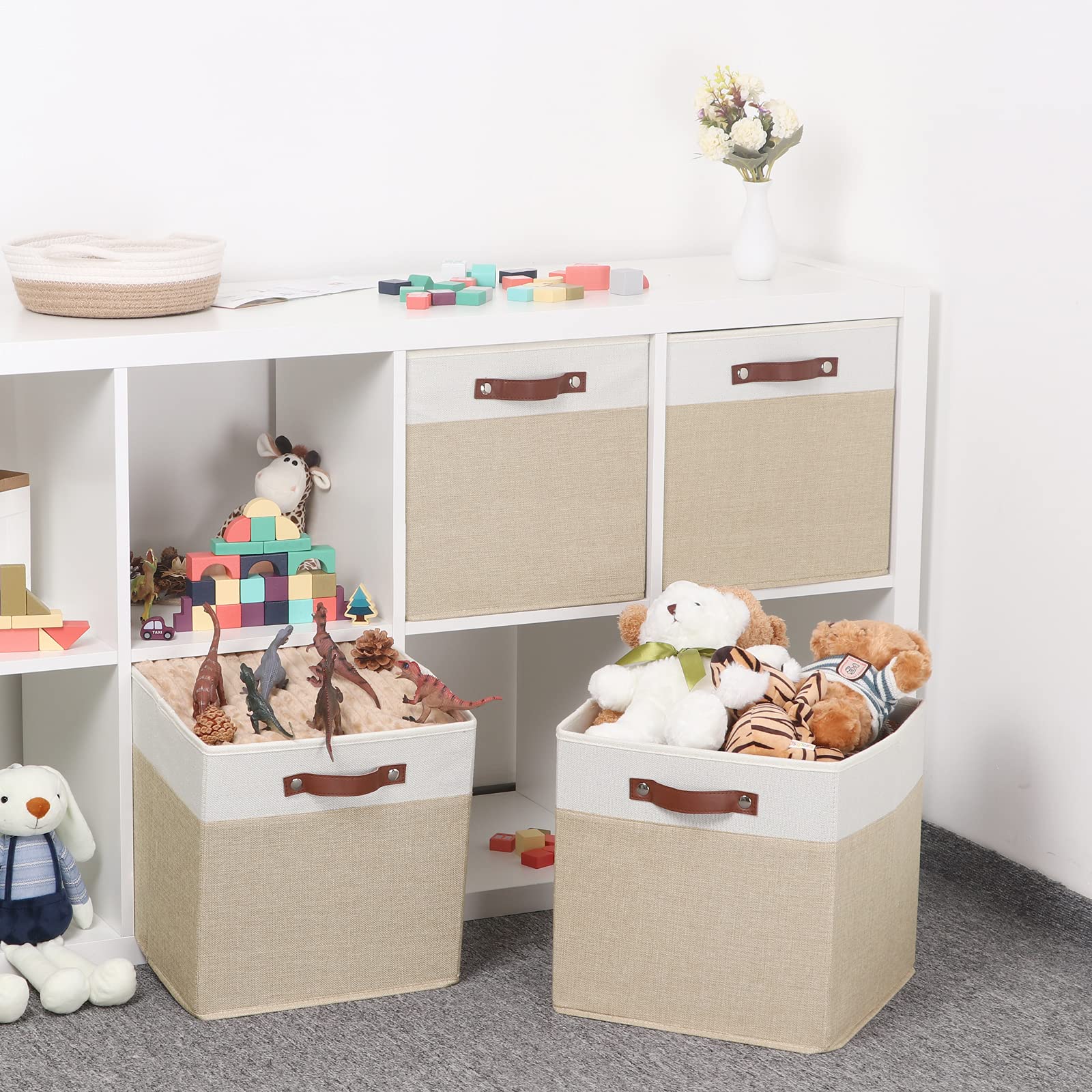 Temary 13 Inch Fabric Storage Cubes with Leather Handles - Closet Organizer Bins for Shelves, Home Storage Baskets | Perfect for Bedroom, Nursery, Office & Closet Organization