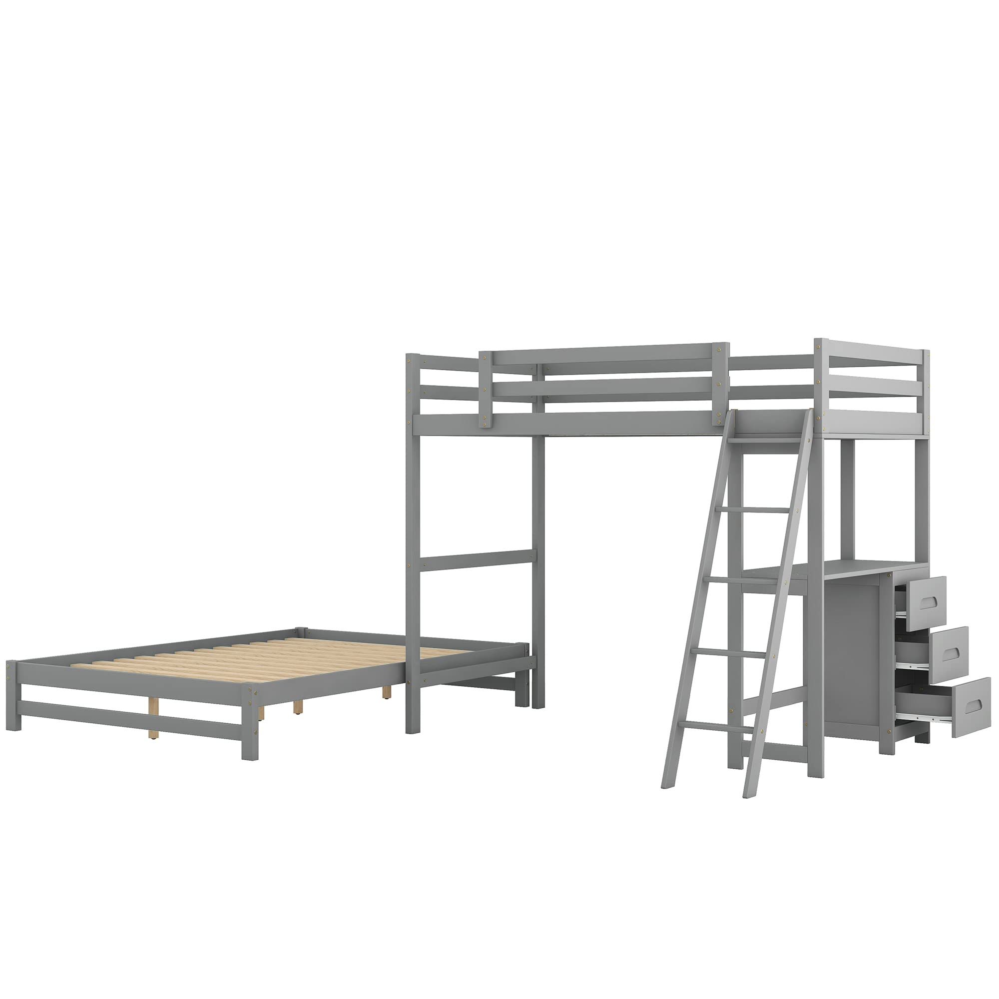 P PURLOVE Twin Over Full L-Shaped Wood Bunk Bed with Desk & Drawers - Kids Loft Bed with Removable Platform, No Box Spring Needed - Perfect for Small Bedrooms, Shared Kids Rooms & Space-Saving Solutions