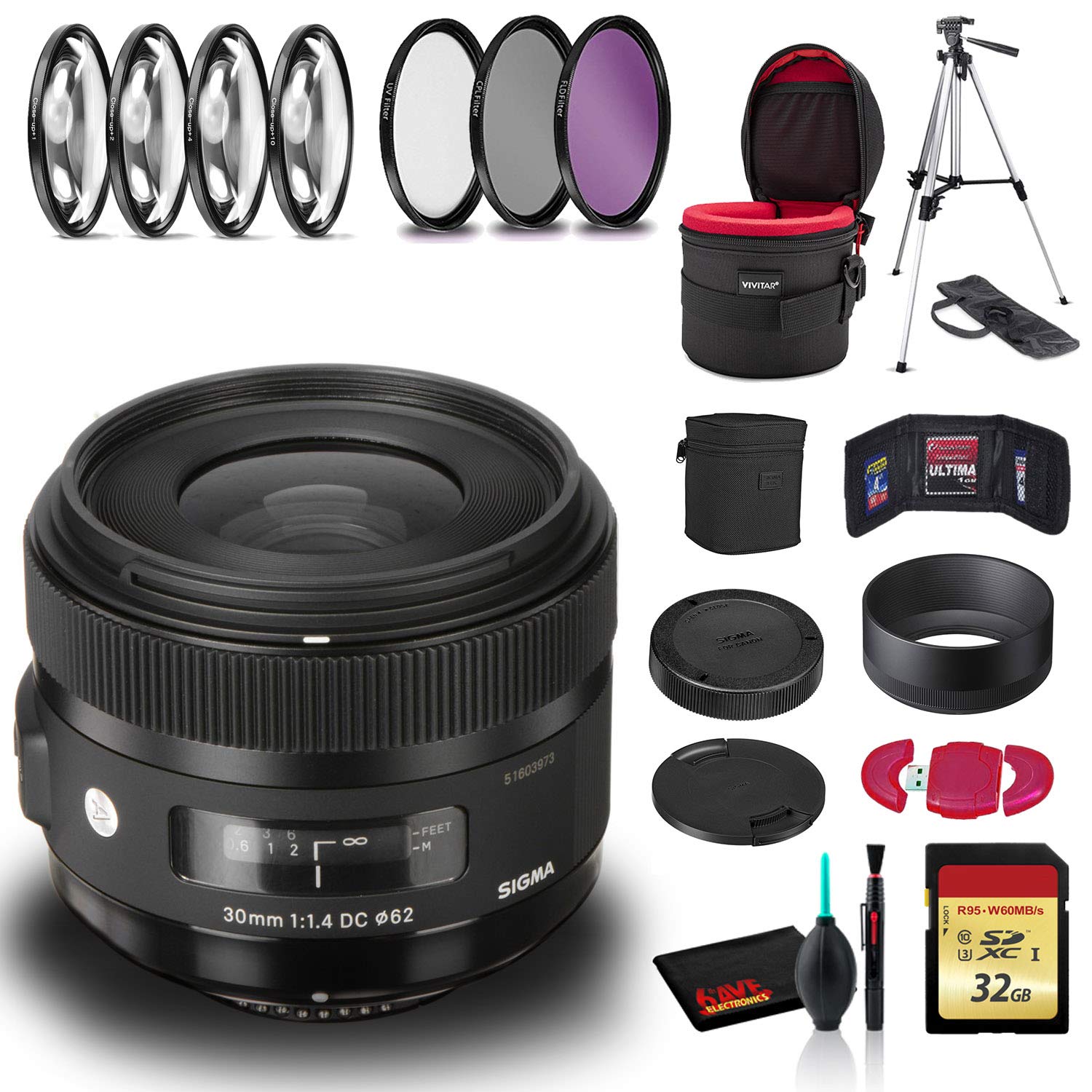 Sigma 30mm f/1.4 DC HSM Art Lens for Nikon F Mount - Fast Aperture Prime Lens with Cleaning Kit, Tripod, 32GB SD Card, UV/CPL Filters & Case - Perfect for Portrait, Street & Low Light Photography