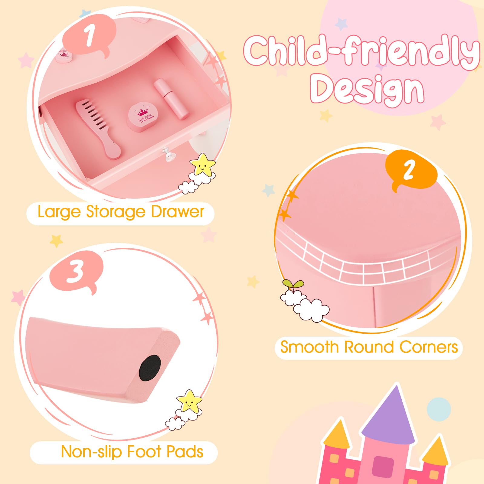 Costzon Kids Vanity Set with Mirror, Stool & Lights - Pink Wooden Princess Makeup Dressing Table with Drawer, 2-in-1 Toddler Vanity for Girls - Pretend Play, Birthday Gift & Bedroom Decor (Pink)