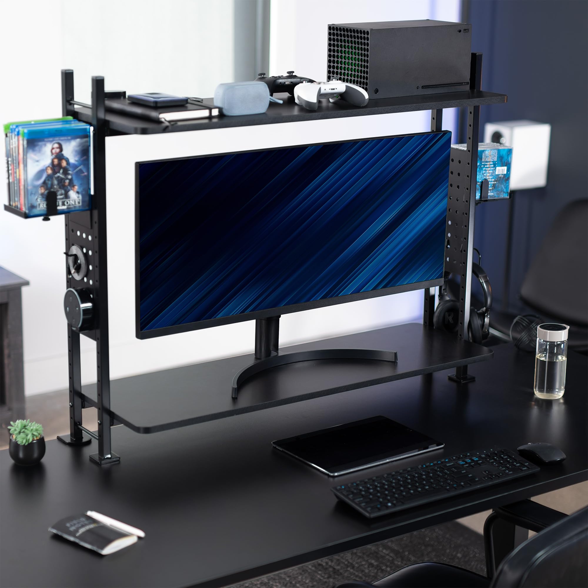 VIVO 40 Inch Black Clamp-on 2-Tier Desk Shelf with Pegboard - Organizer for Table Accessories, Gaming Devices, Office Supplies - Perfect for Home Office, Gaming Setup & Workspace Organization