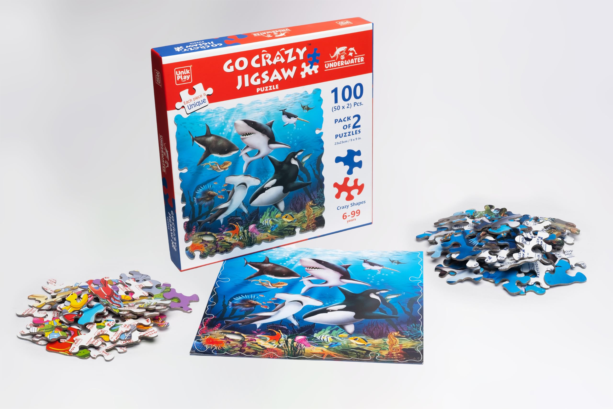 Unik Play Go Crazy 100-Piece Jigsaw Puzzle for Kids & Adults - Underwater Cartoon Theme with 2 Puzzle Trays | Ages 6-99 | Unique Interlocking Pieces | Perfect for Family Game Night & Educational Play