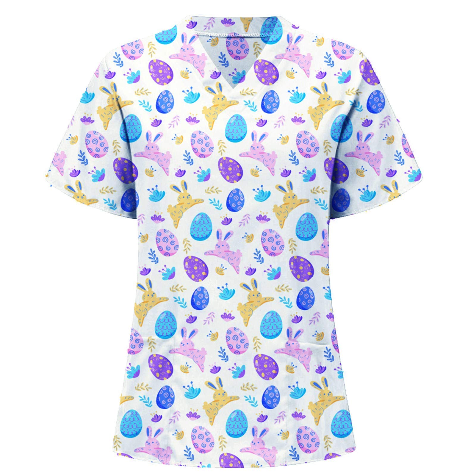 Easter Rabbit Print V-Neck Short Sleeve T-Shirt for Women - Nursing Uniform & Summer Casual Top - Perfect for Easter Celebrations, Nursing Shifts, and Everyday Wear