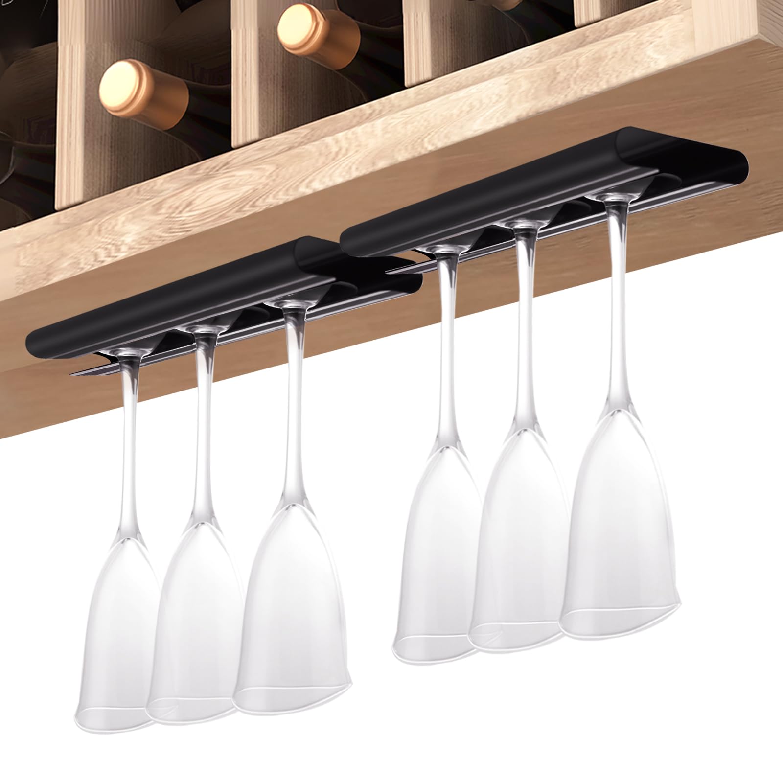 Premium Under Cabinet Wine Glass Holder - 2 Pack Aluminum Stemware Rack for Kitchen & Bar | Space-Saving Hanging Wine Glass Storage | Perfect for Home Bars, Restaurants & Entertaining Spaces (Black)