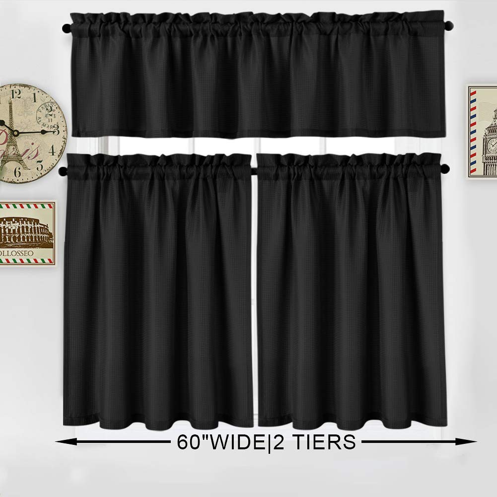 Black Waffle Weave Waterproof Kitchen Tier Curtains - Set of 2, 30