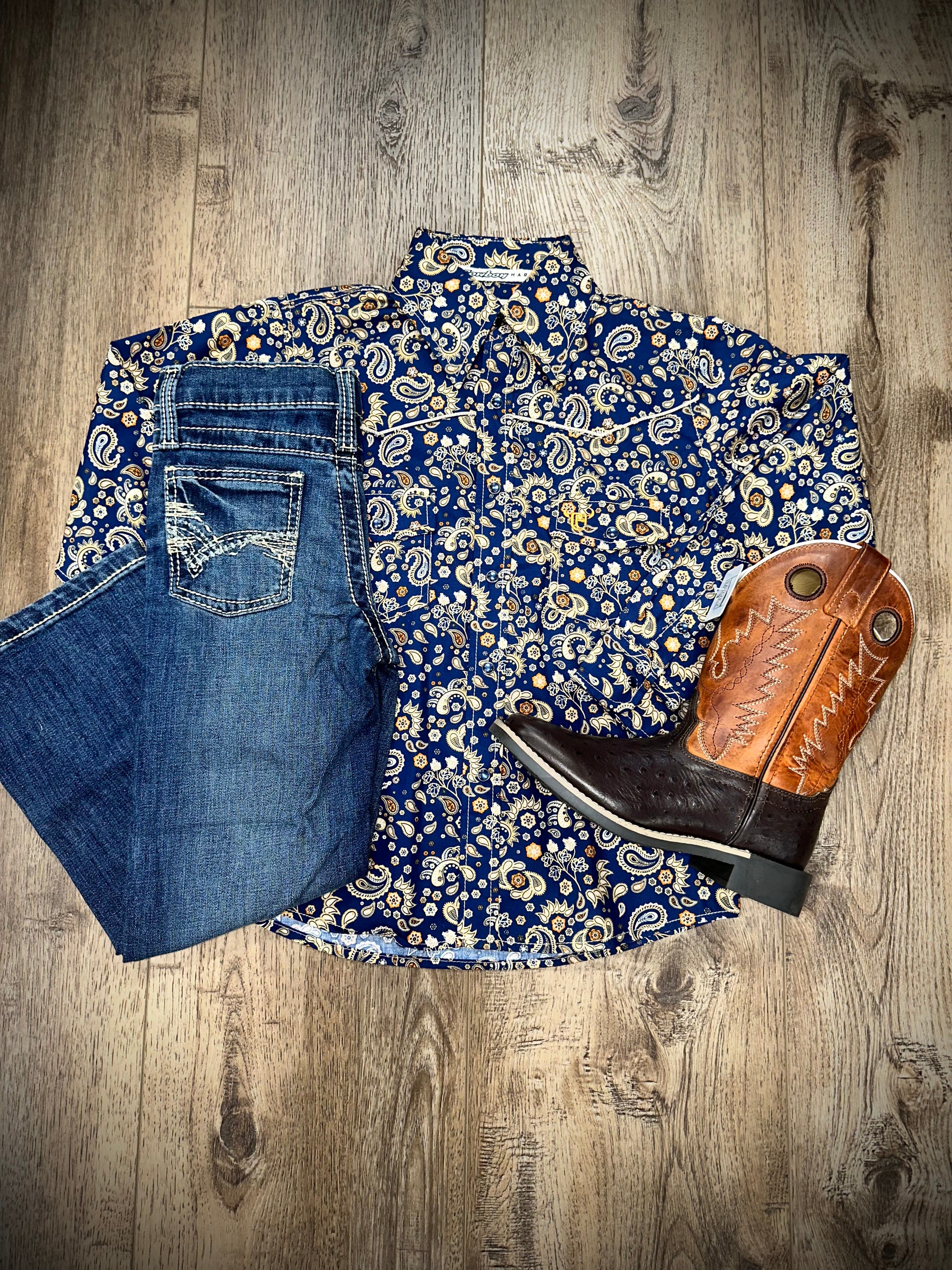 Boys' Long Sleeve Paisley Shirt in Navy & Orange - Stylish Casual Wear for School, Parties, and Everyday Outfits