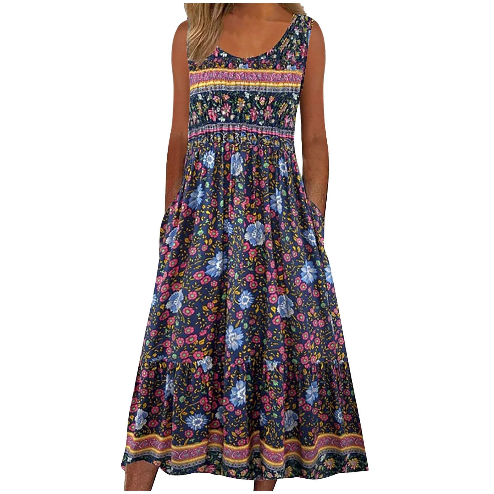 2025 Women's Summer Sleeveless Boho Floral Sundress - Loose Casual Flowy Beach Midi Dress with Pockets | Perfect for Vacations, Pool Parties & Tropical Getaways